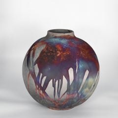 Raaquu Raku Fired Large Globe Vase S/N0000860 Centerpiece Art Series
