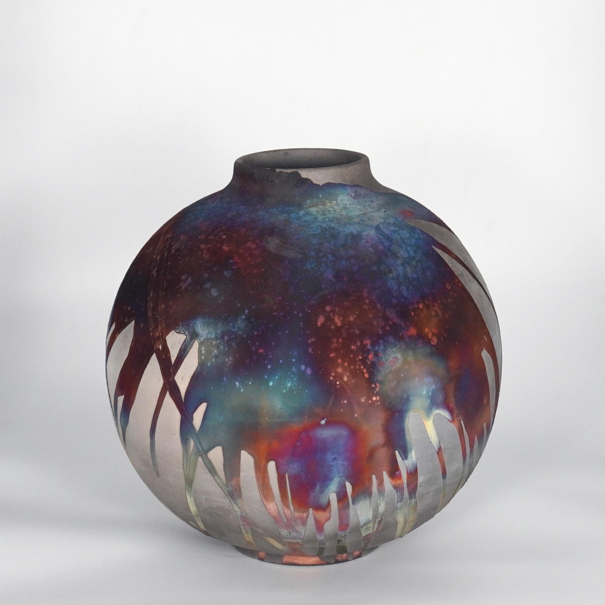 Malese Vaso a forma di globo grande cotto Raaquu Raku S/N0000860 Serie d'Arte Centrotavola in vendita