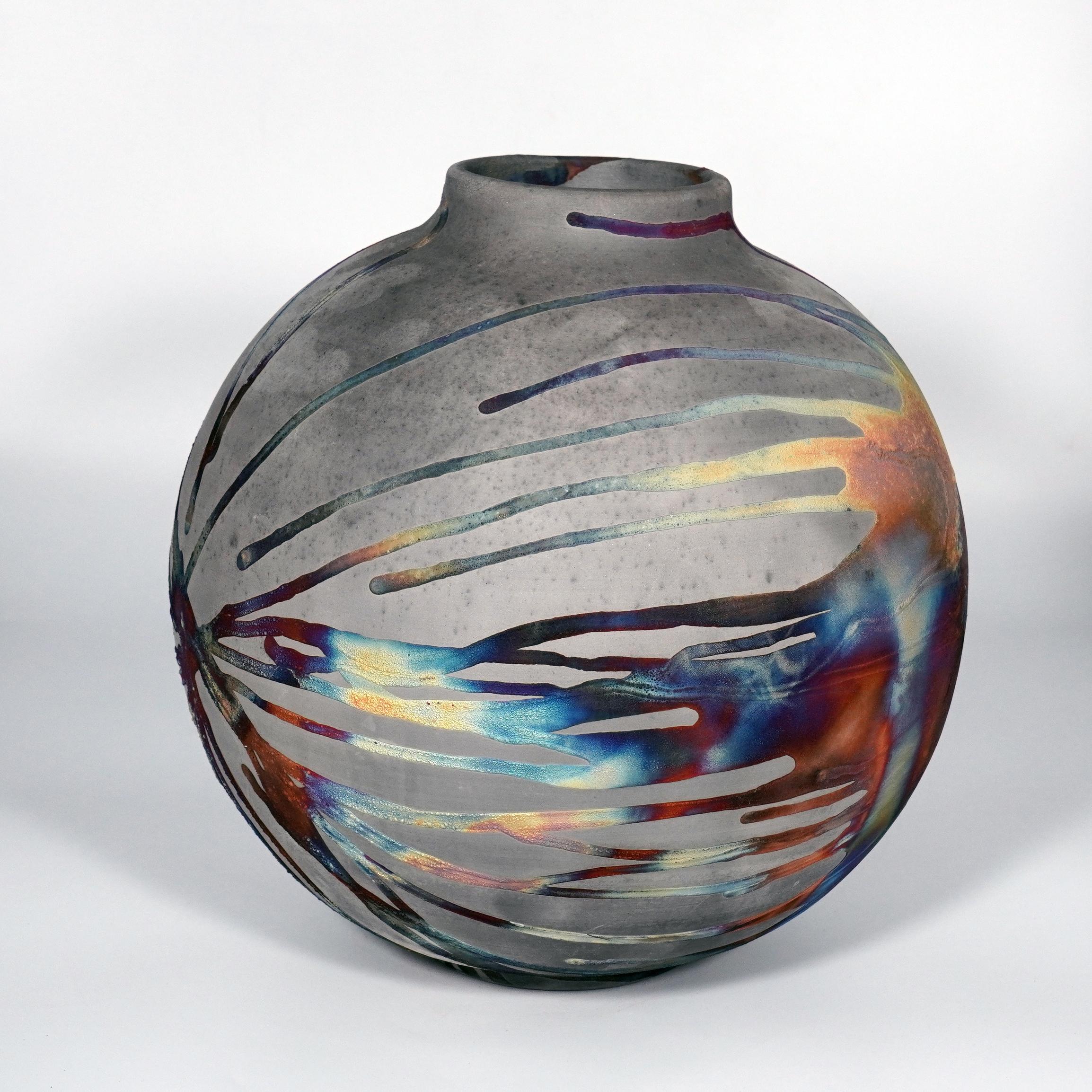 Modern Raaquu Raku Fired Large Globe Vase S/N0000871 Centerpiece Art Series For Sale