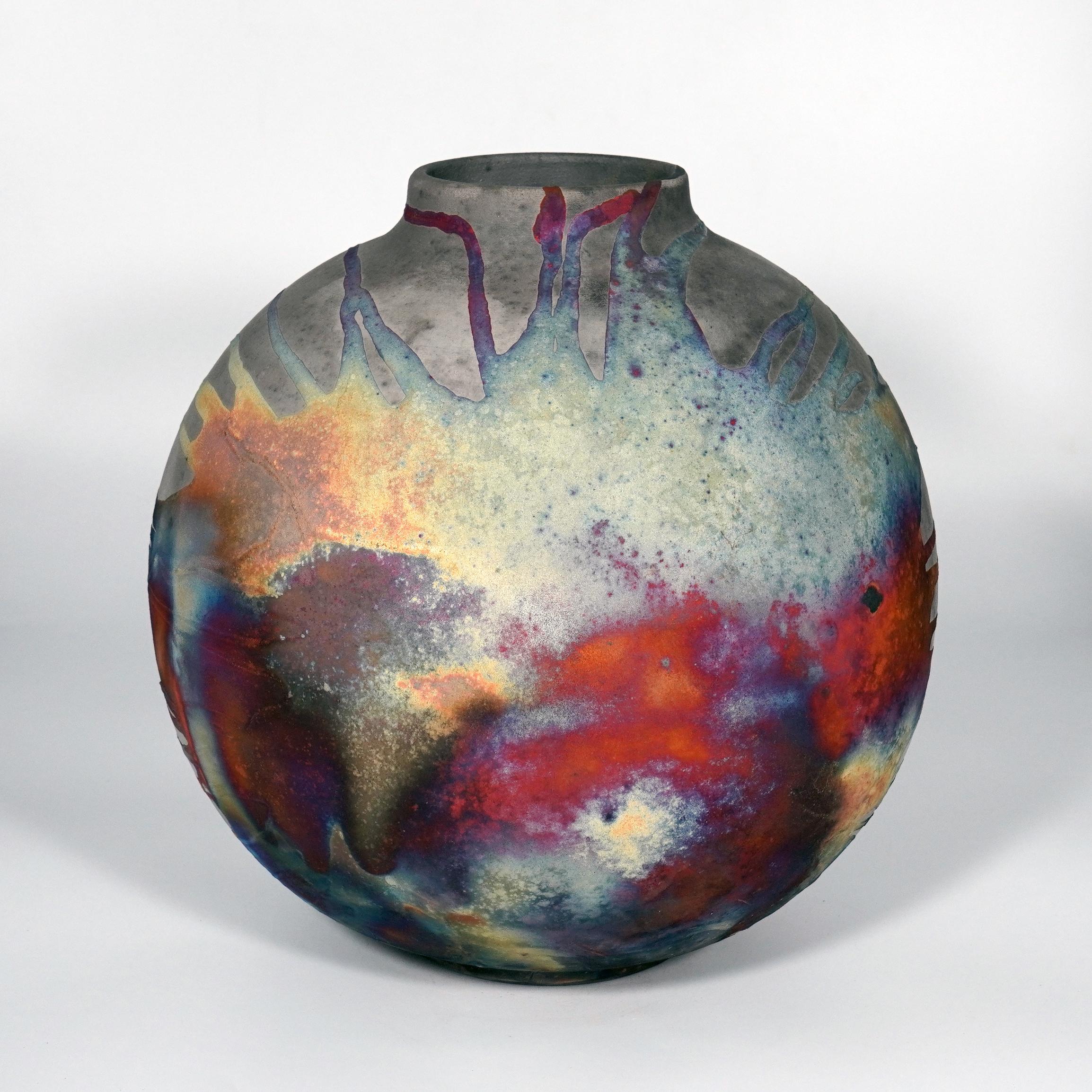 Malaysian Raaquu Raku Fired Large Globe Vase S/N0000871 Centerpiece Art Series For Sale