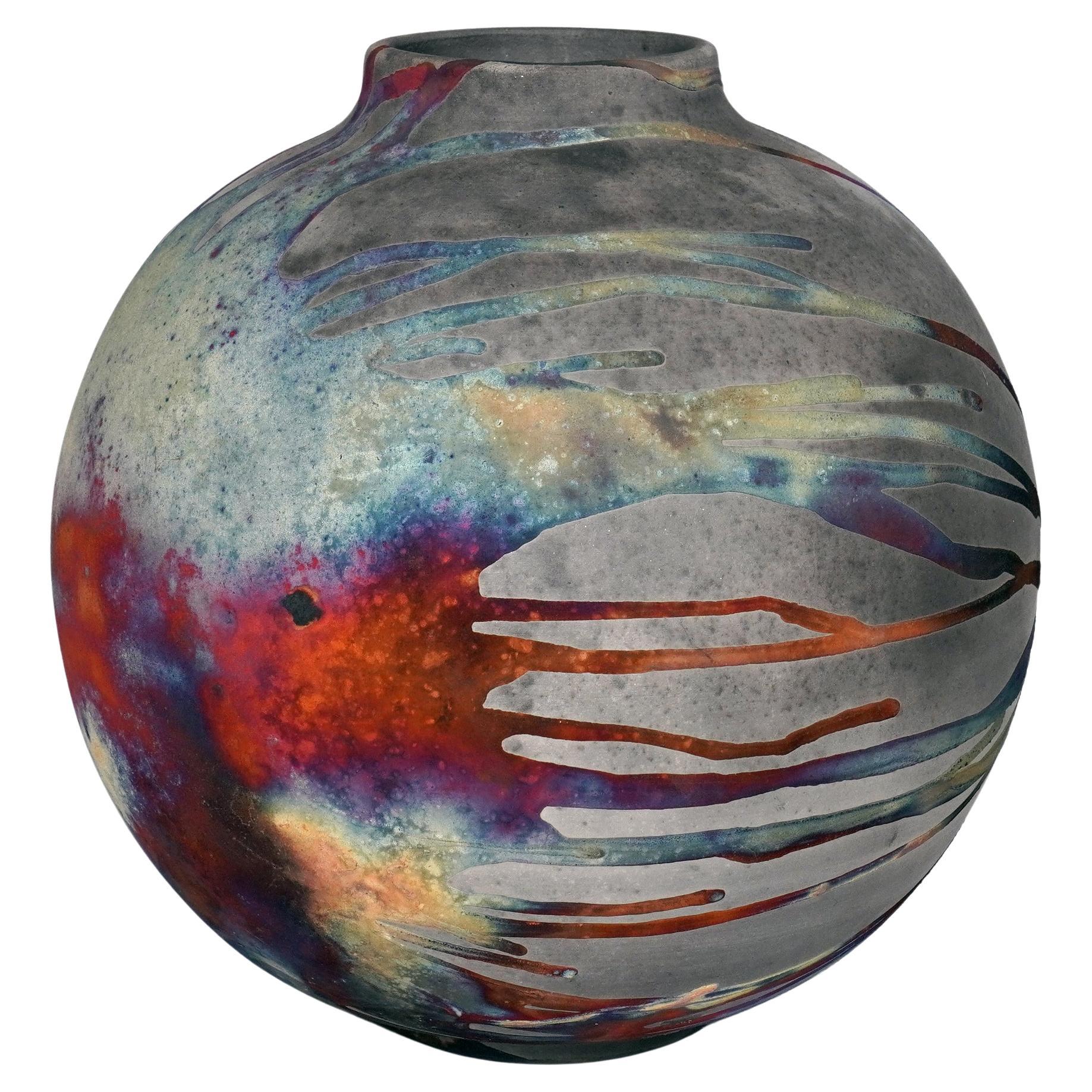 Raaquu Raku Fired Large Globe Vase S/N0000871 Centerpiece Art Series