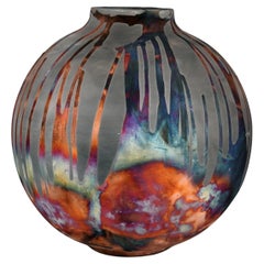 Raaquu Raku Fired Large Globe Vase S/N0000872 Centerpiece Art Series Raaquu Raku Fired Large Globe Vase S/N0000872 Centerpiece Art Series