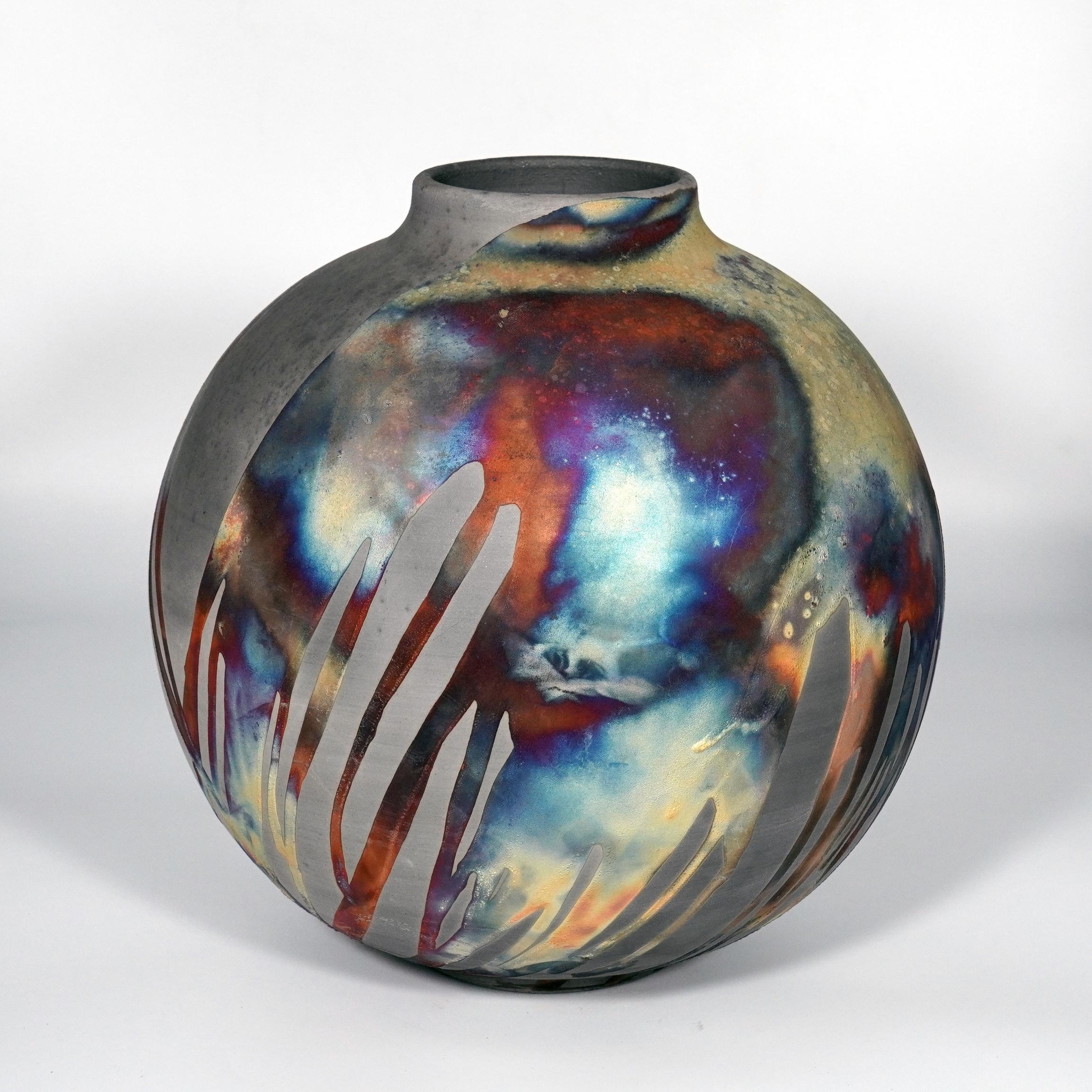 Modern Raaquu Raku Fired Large Globe Vase S/N0000874 Centerpiece Art Series For Sale