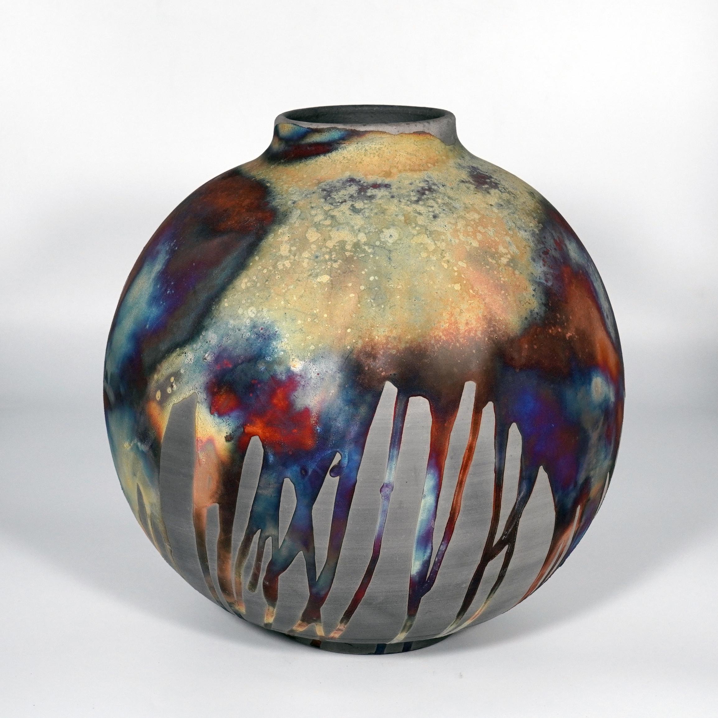 Malaysian Raaquu Raku Fired Large Globe Vase S/N0000874 Centerpiece Art Series For Sale