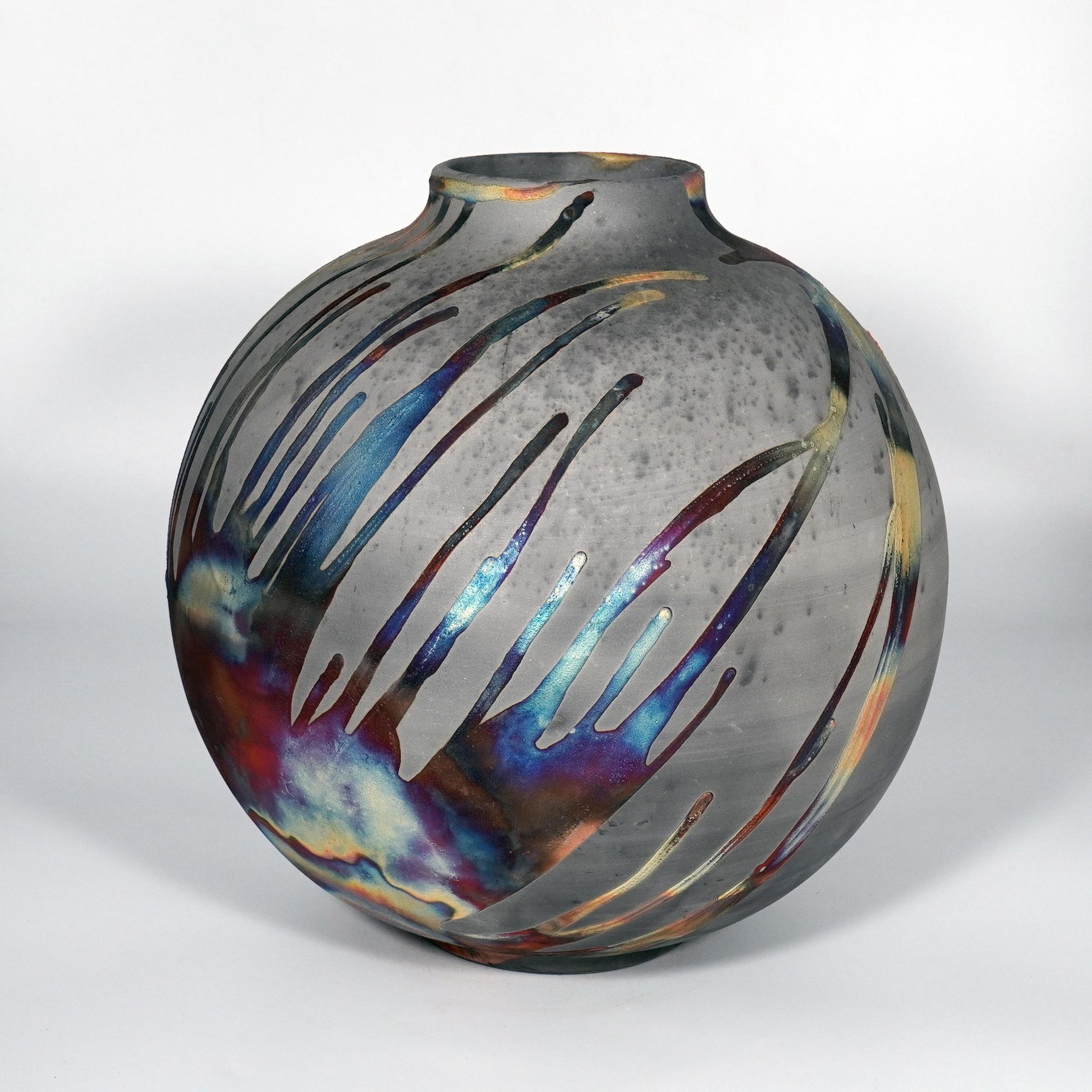Modern Raaquu Raku Fired Large Globe Vase S/N0000882 Centerpiece Art Series For Sale