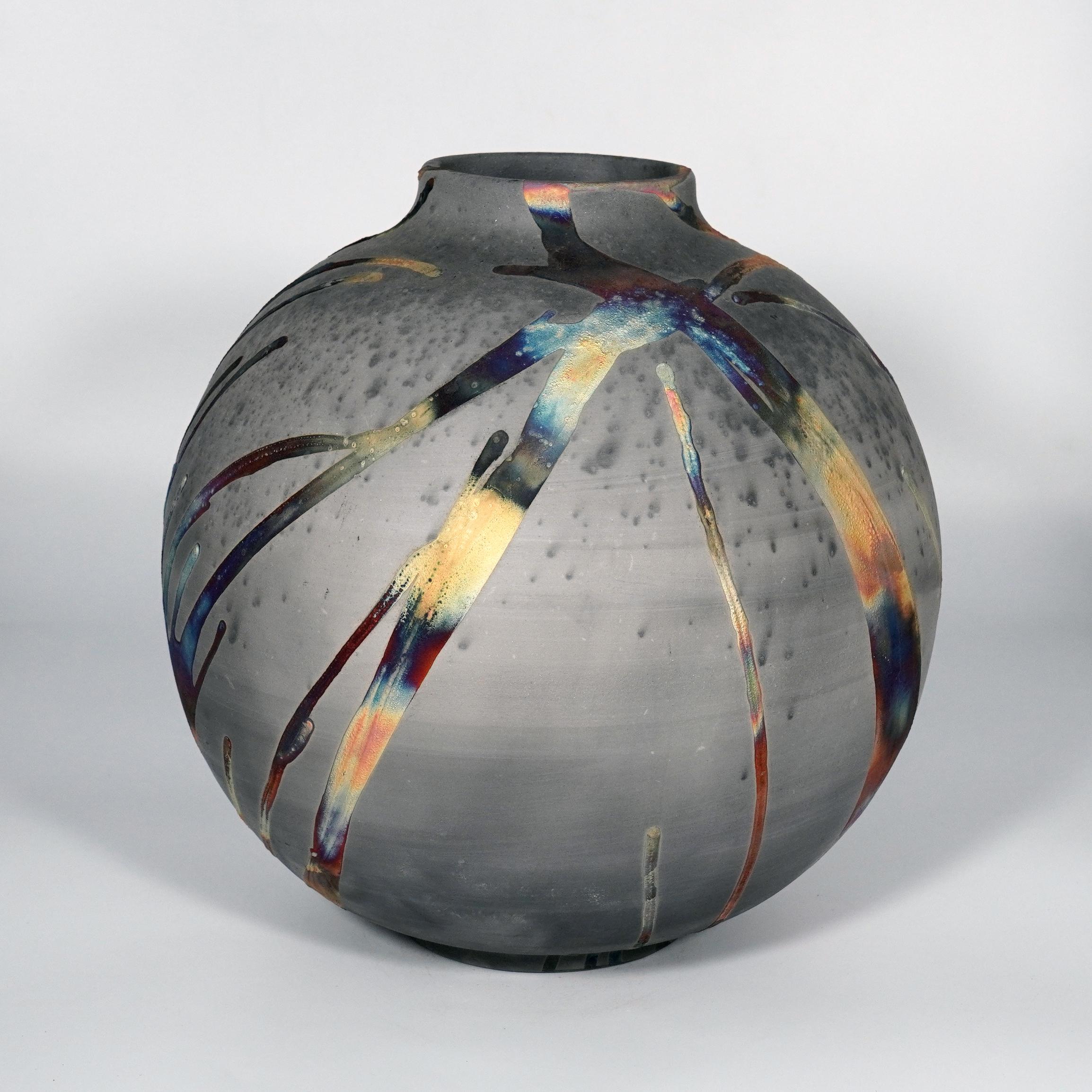 Malaysian Raaquu Raku Fired Large Globe Vase S/N0000882 Centerpiece Art Series For Sale