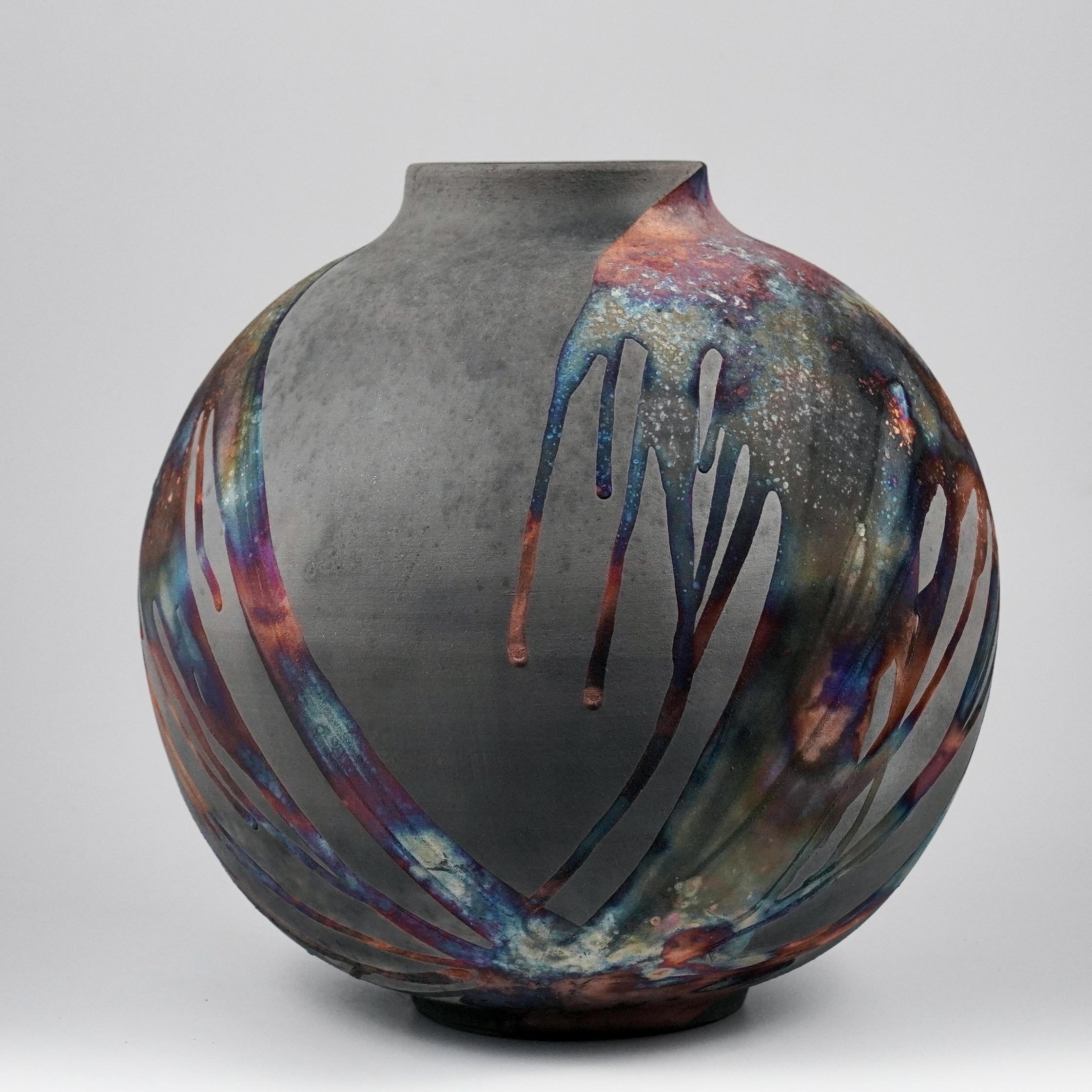 Modern Raaquu Raku Fired Large Globe Vase S/N0000911 Centerpiece Art Series, Malaysia For Sale