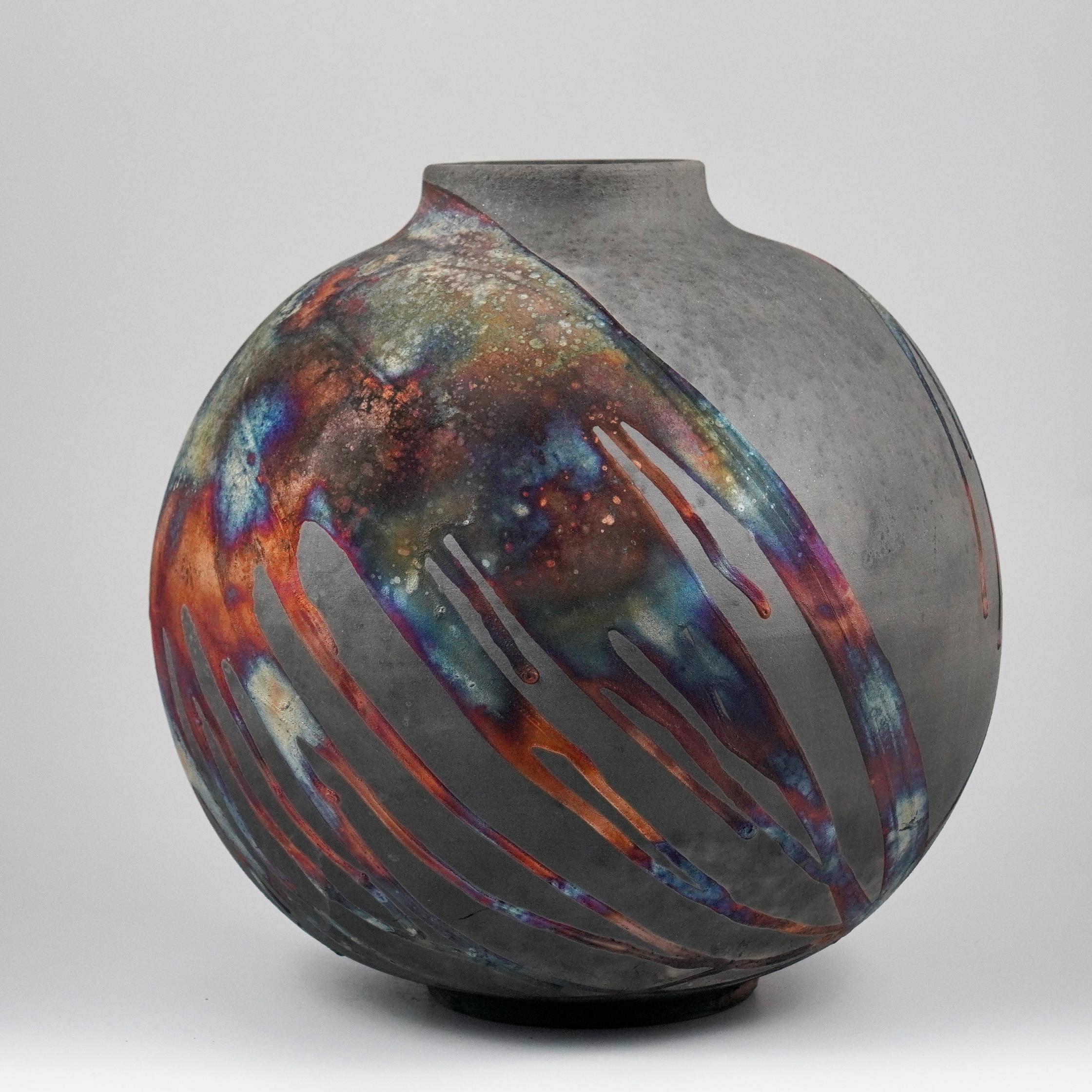 Malaysian Raaquu Raku Fired Large Globe Vase S/N0000911 Centerpiece Art Series, Malaysia For Sale