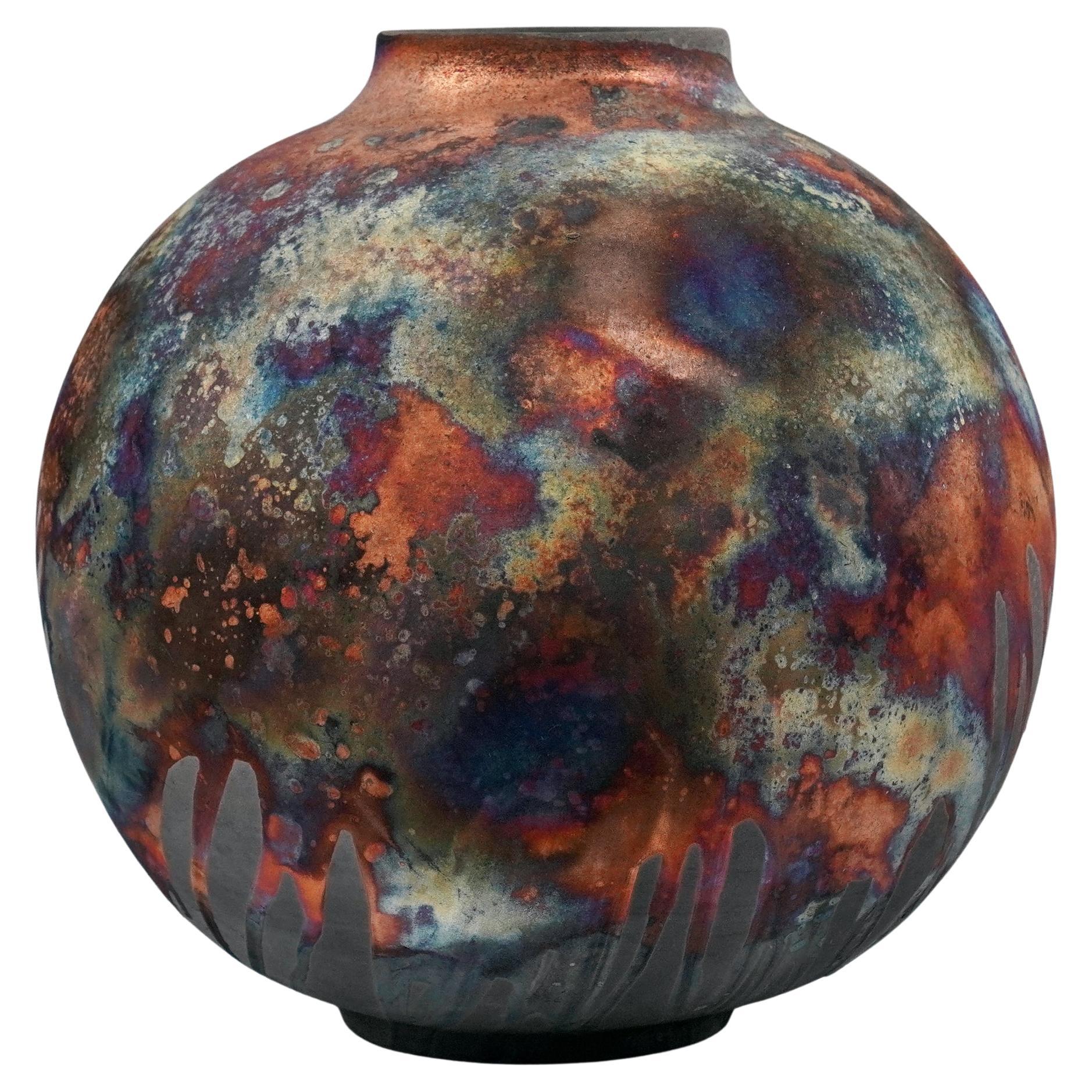 Raaquu Raku Fired Large Globe Vase S/N0000911 Centerpiece Art Series, Malaysia
