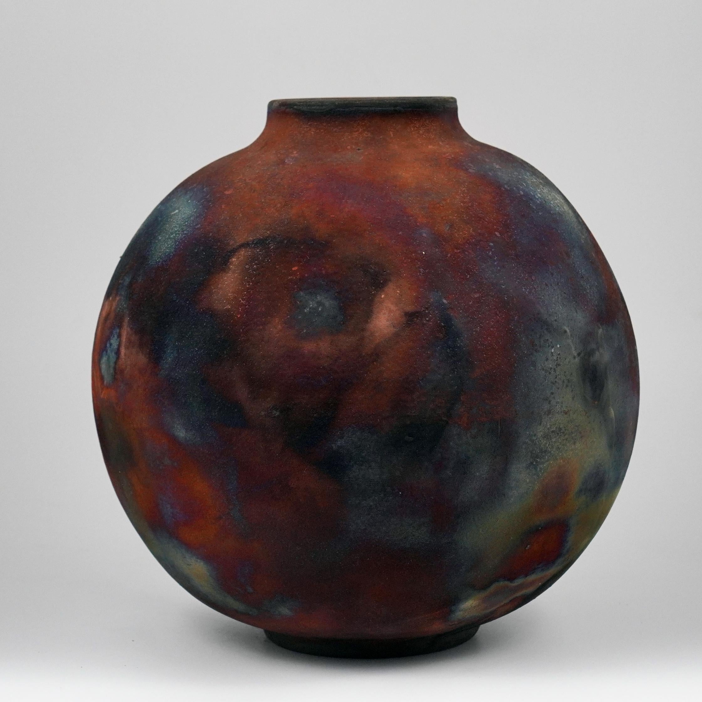 Modern Raaquu Raku Fired Large Globe Vase S/N0000915 Centerpiece Art Series For Sale