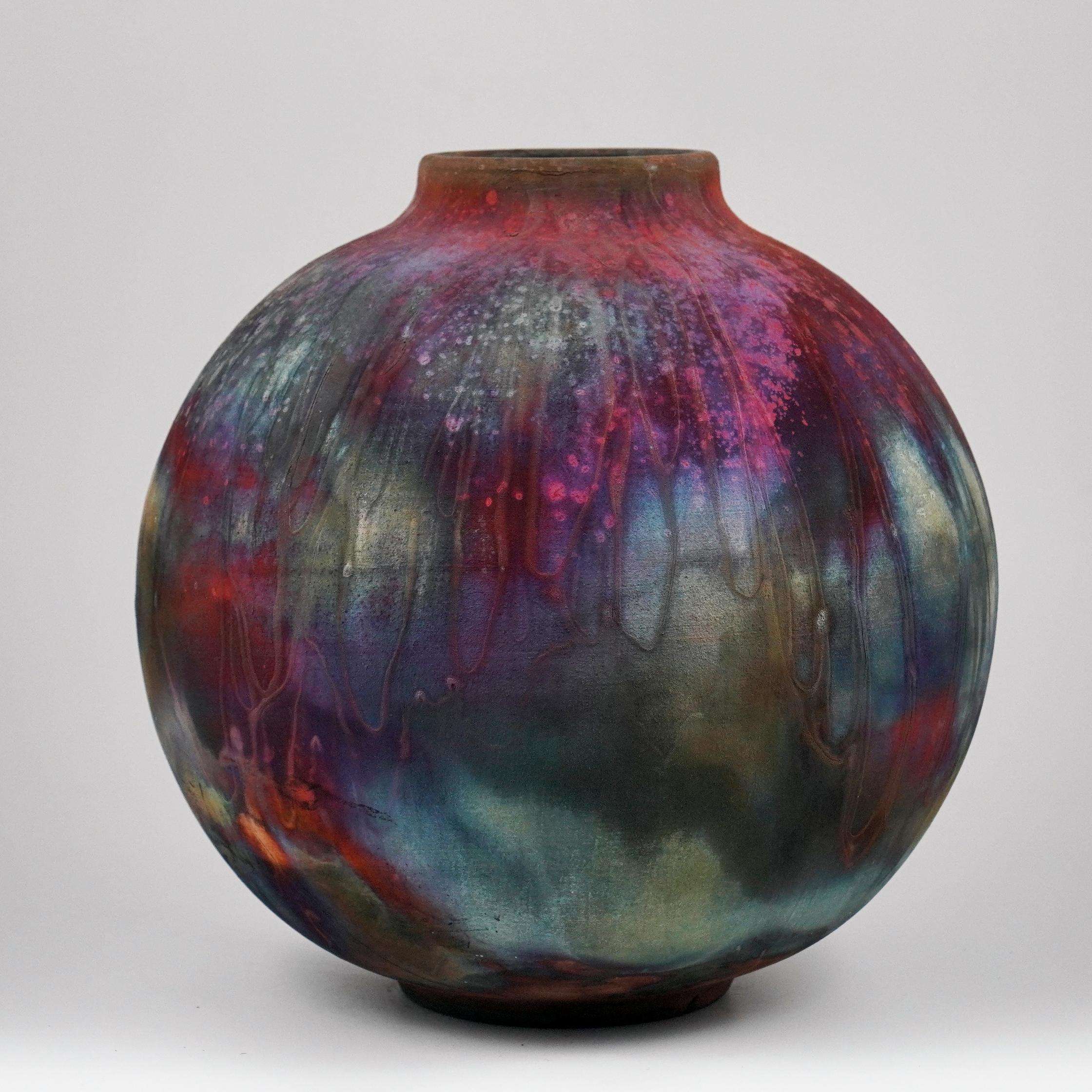 Modern Raaquu Raku Fired Large Globe Vase S/N0000916 Centerpiece Art Series For Sale