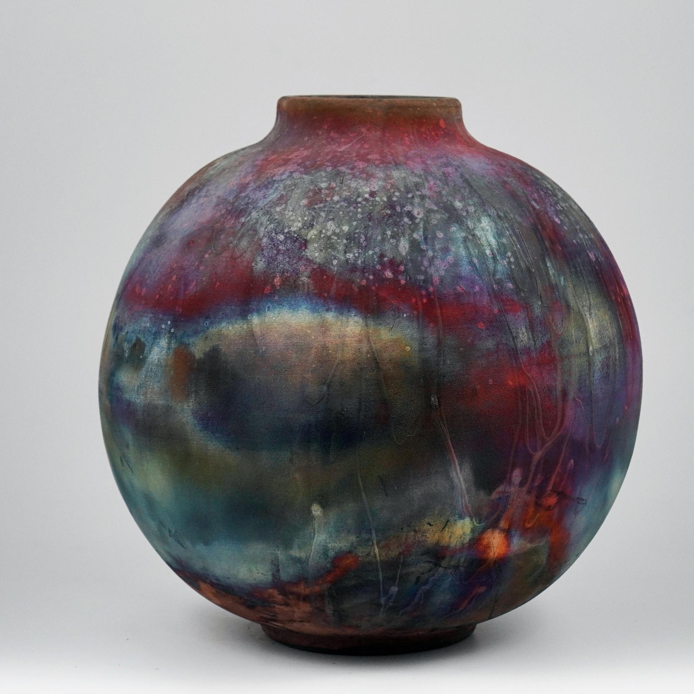Malaysian Raaquu Raku Fired Large Globe Vase S/N0000916 Centerpiece Art Series For Sale