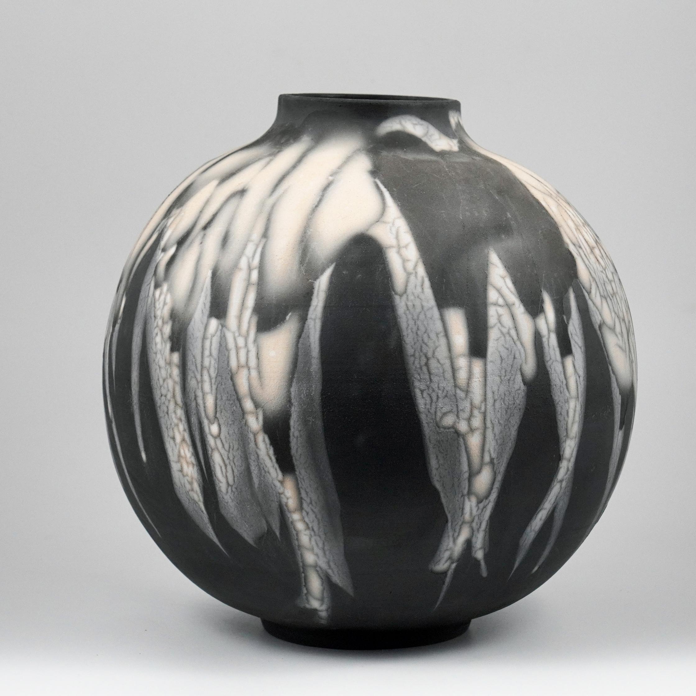 Modern Raaquu Raku Fired Large Globe Vase S/N0000924 Centerpiece Art Series For Sale