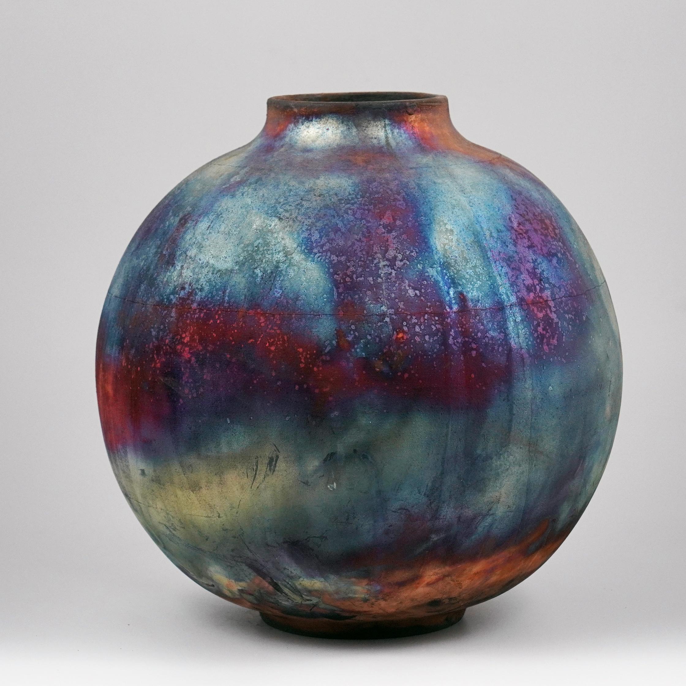 Malaysian Raaquu Raku Fired Large Globe Vase S/N0000931 Centerpiece Art Series For Sale