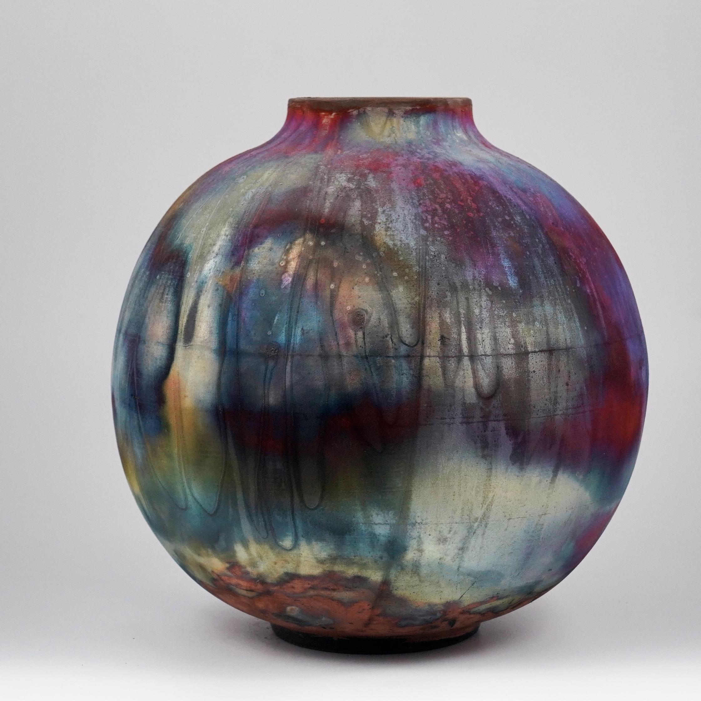 Modern Raaquu Raku Fired Large Globe Vase S/N0000942 Centerpiece Art Series For Sale