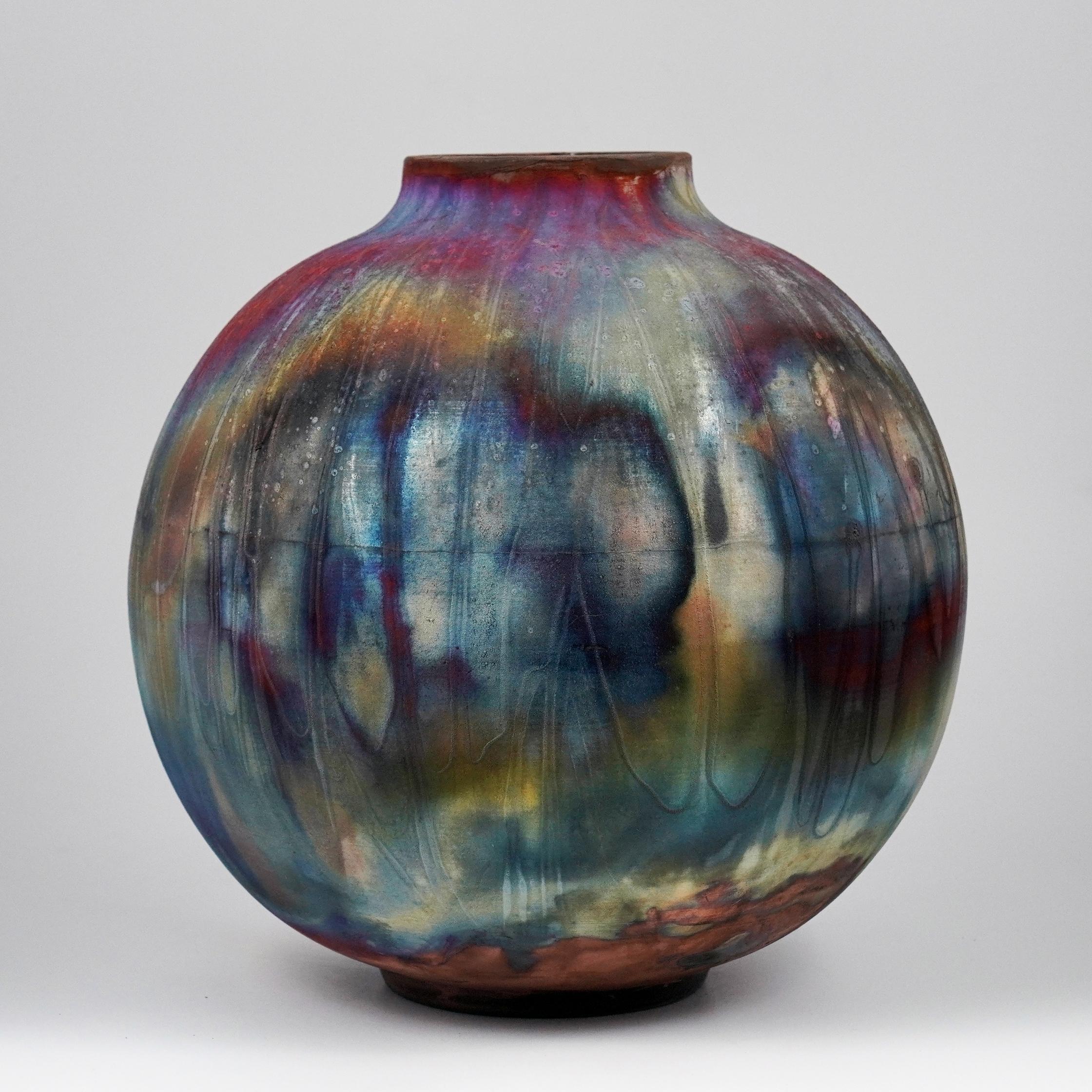 Malaysian Raaquu Raku Fired Large Globe Vase S/N0000942 Centerpiece Art Series For Sale