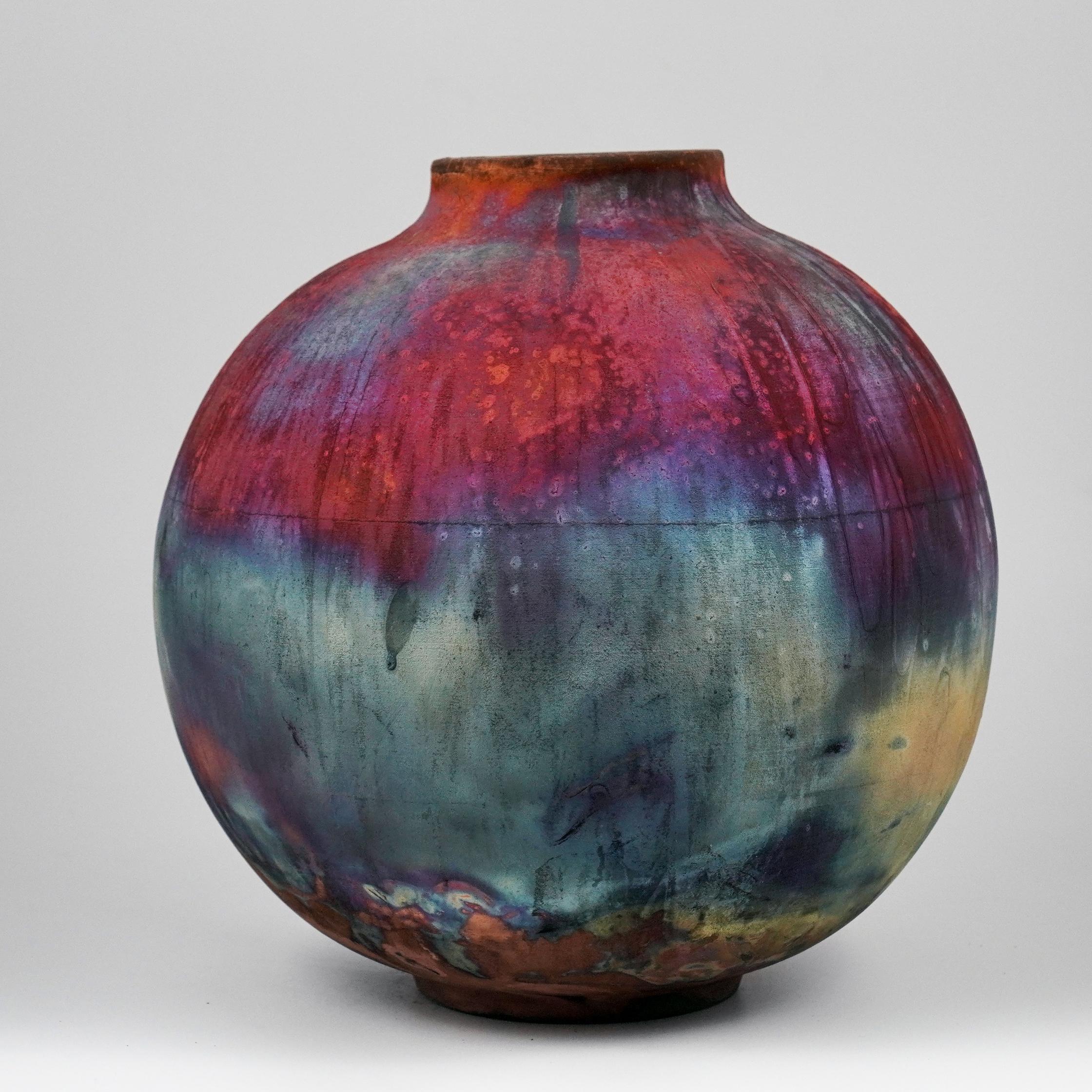 Modern Raaquu Raku Fired Large Globe Vase S/N0000945 Centerpiece Art Series For Sale