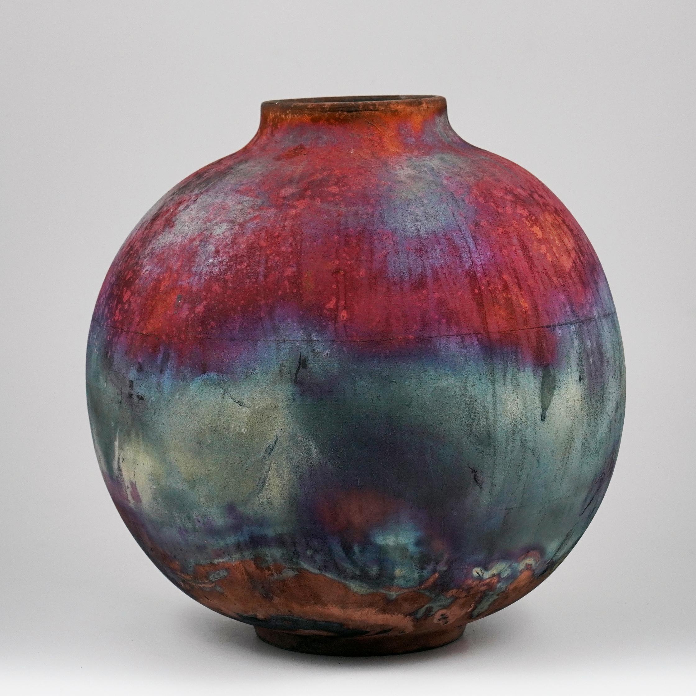 Malaysian Raaquu Raku Fired Large Globe Vase S/N0000945 Centerpiece Art Series For Sale