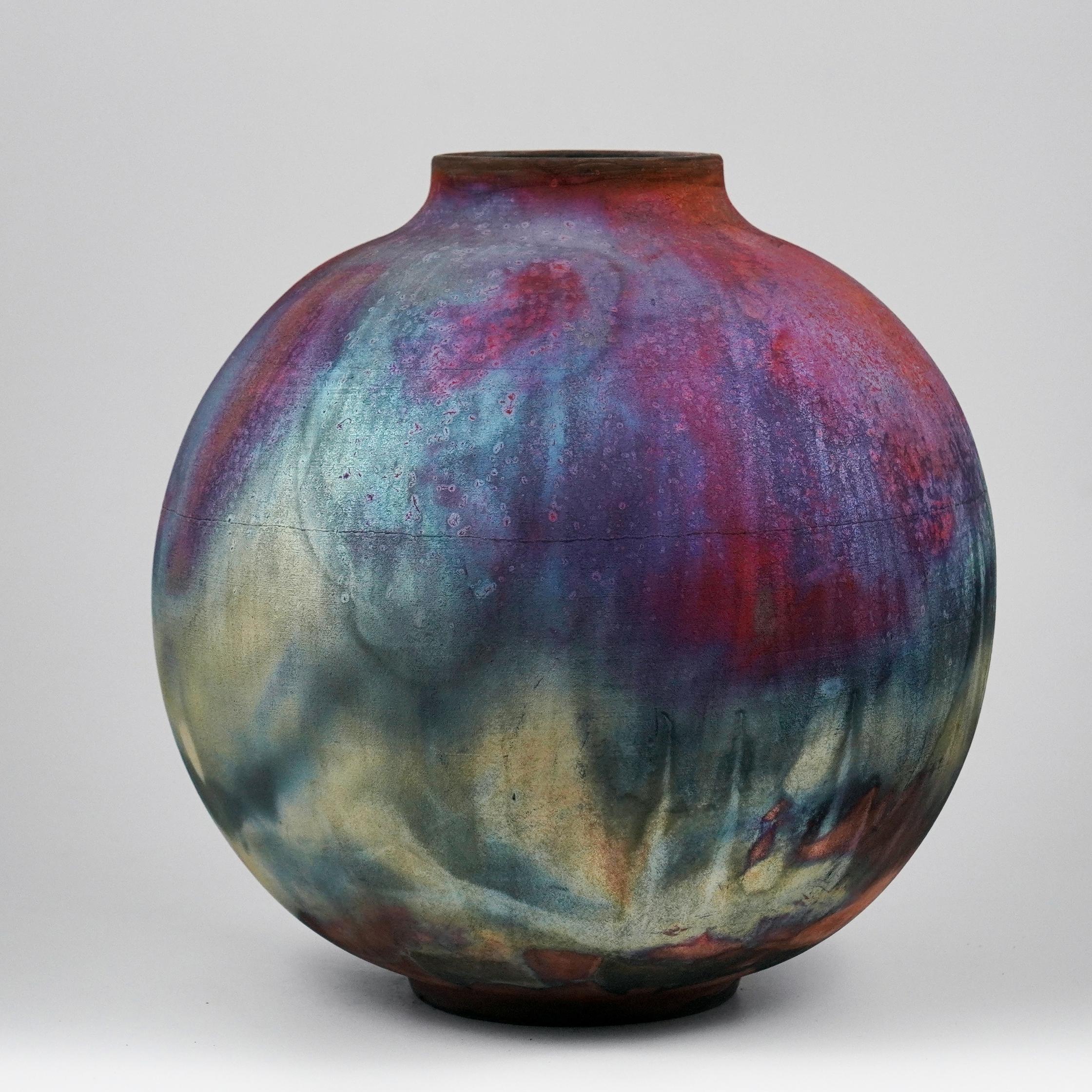 Modern Raaquu Raku Fired Large Globe Vase S/N0000966 Centerpiece Art Series For Sale