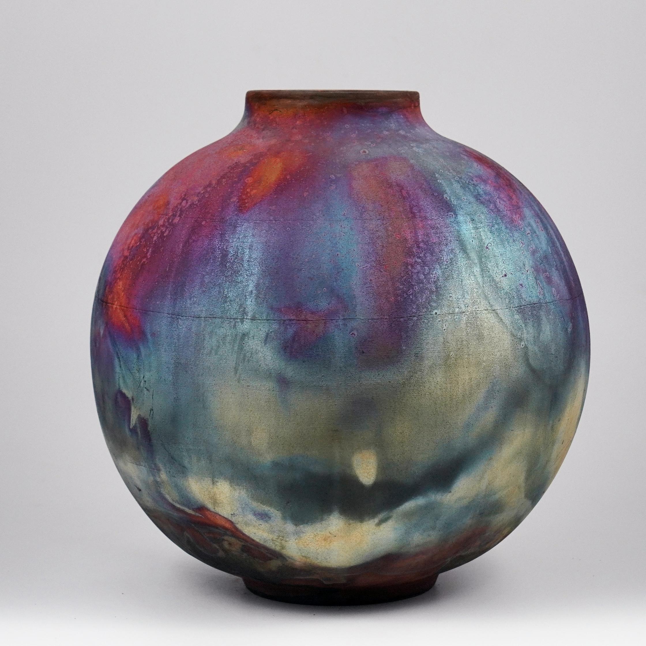 Malaysian Raaquu Raku Fired Large Globe Vase S/N0000966 Centerpiece Art Series For Sale