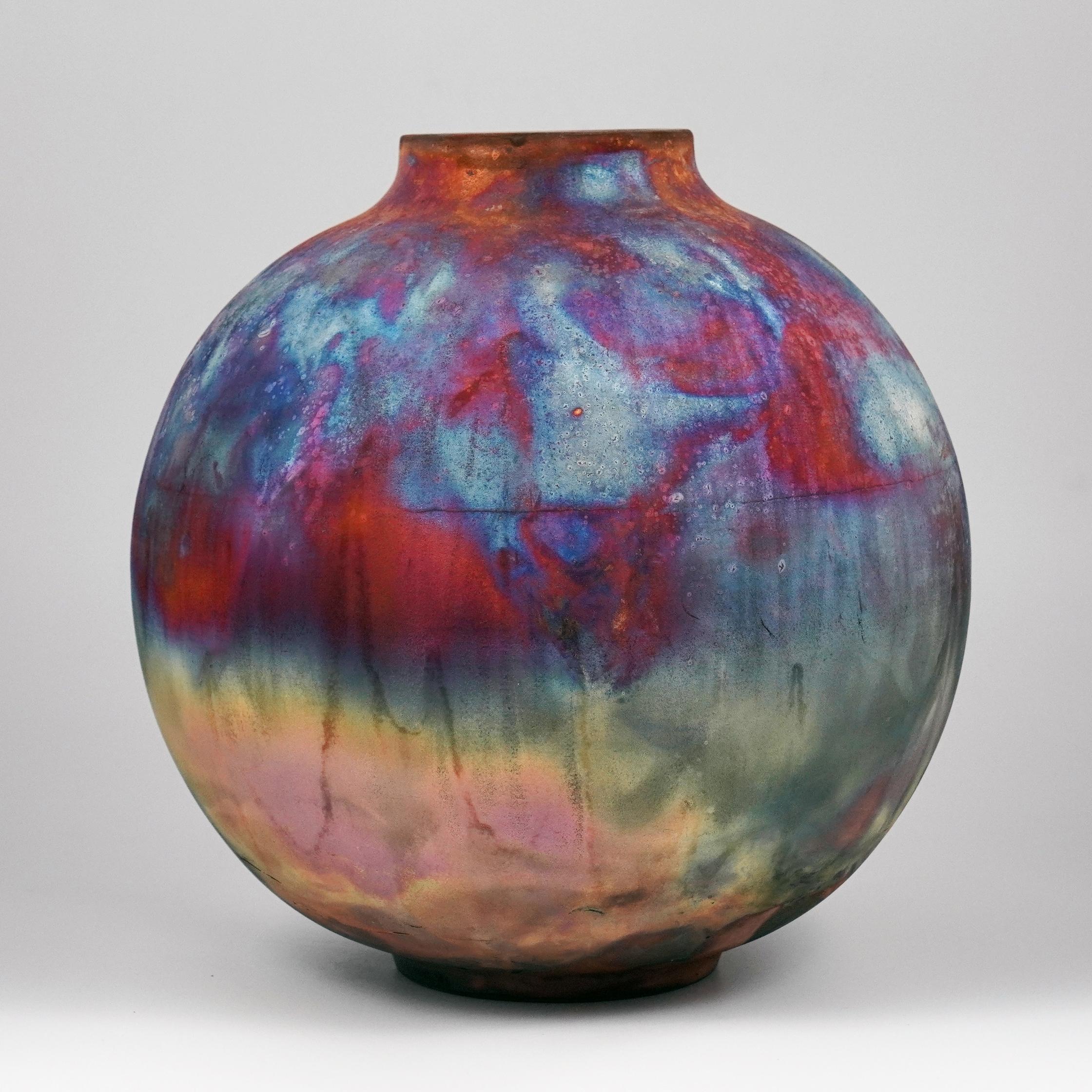 Modern Raaquu Raku Fired Large Globe Vase S/N0000977 Centerpiece Art Series For Sale