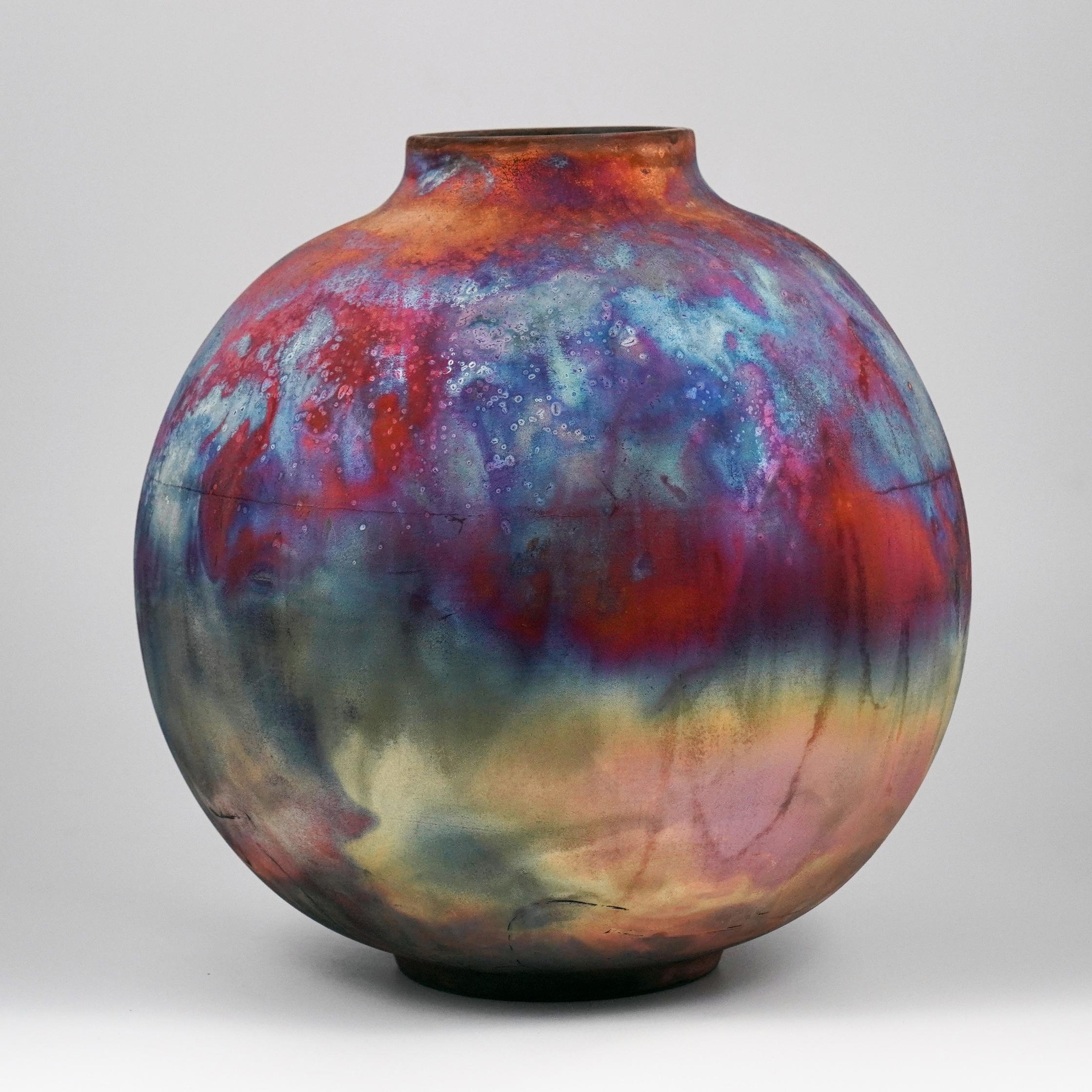 Malaysian Raaquu Raku Fired Large Globe Vase S/N0000977 Centerpiece Art Series For Sale