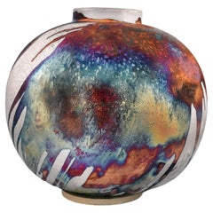 Raaquu Raku Große gebrannte Globe XL 13" Vase S/N0000675 Tafelaufsatz aus der Kunstserie