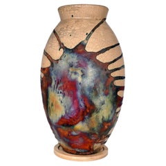 Raaquu Raku Fired Large Oval Vase S/N0000088 Centerpiece Art Series, Malaysia