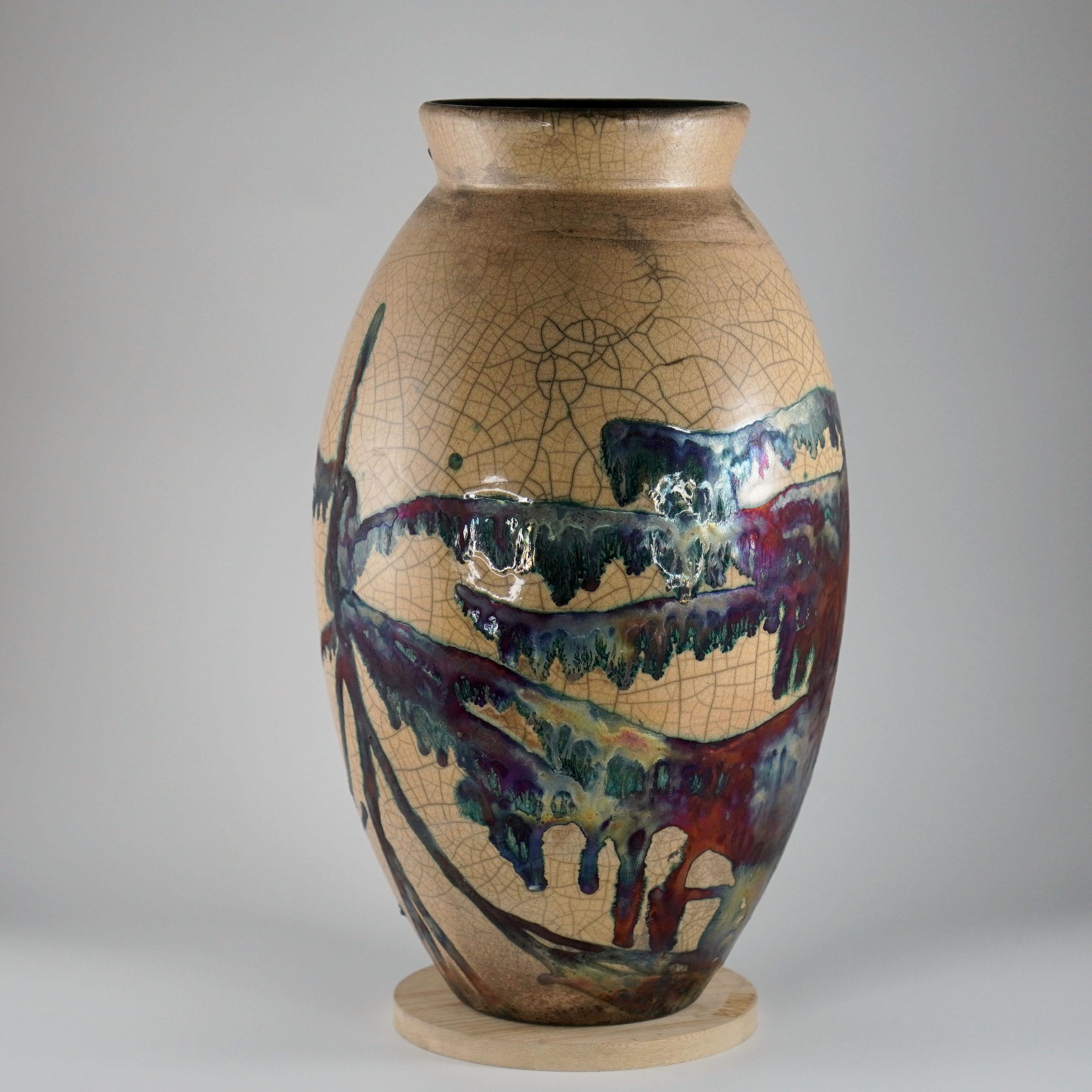 Raaquu Raku Große ovale Vase, geflammt, S/N0000092 Tafelaufsatz, Kunstserie (Moderne)