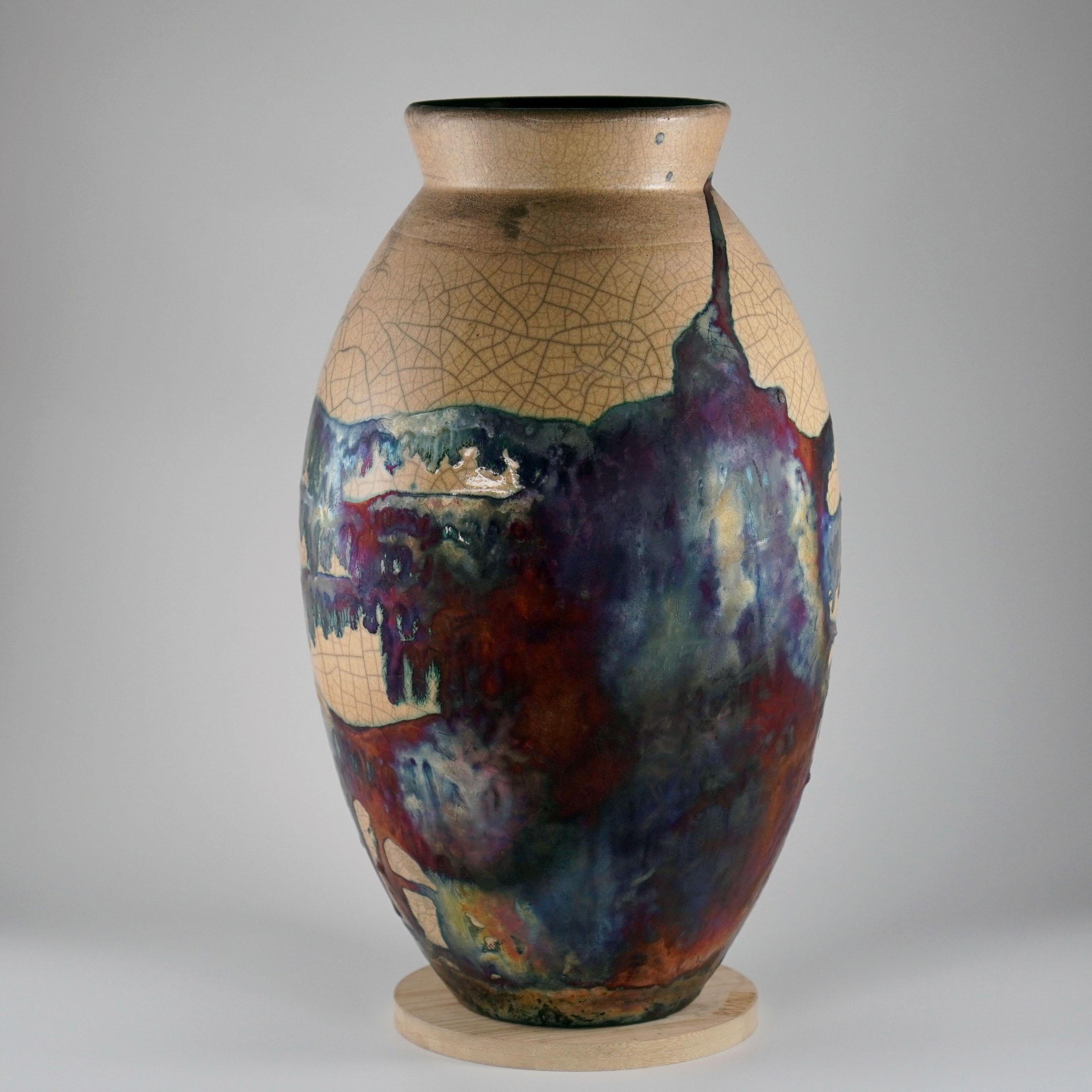 Raaquu Raku Große ovale Vase, geflammt, S/N0000092 Tafelaufsatz, Kunstserie (Malaysisch)
