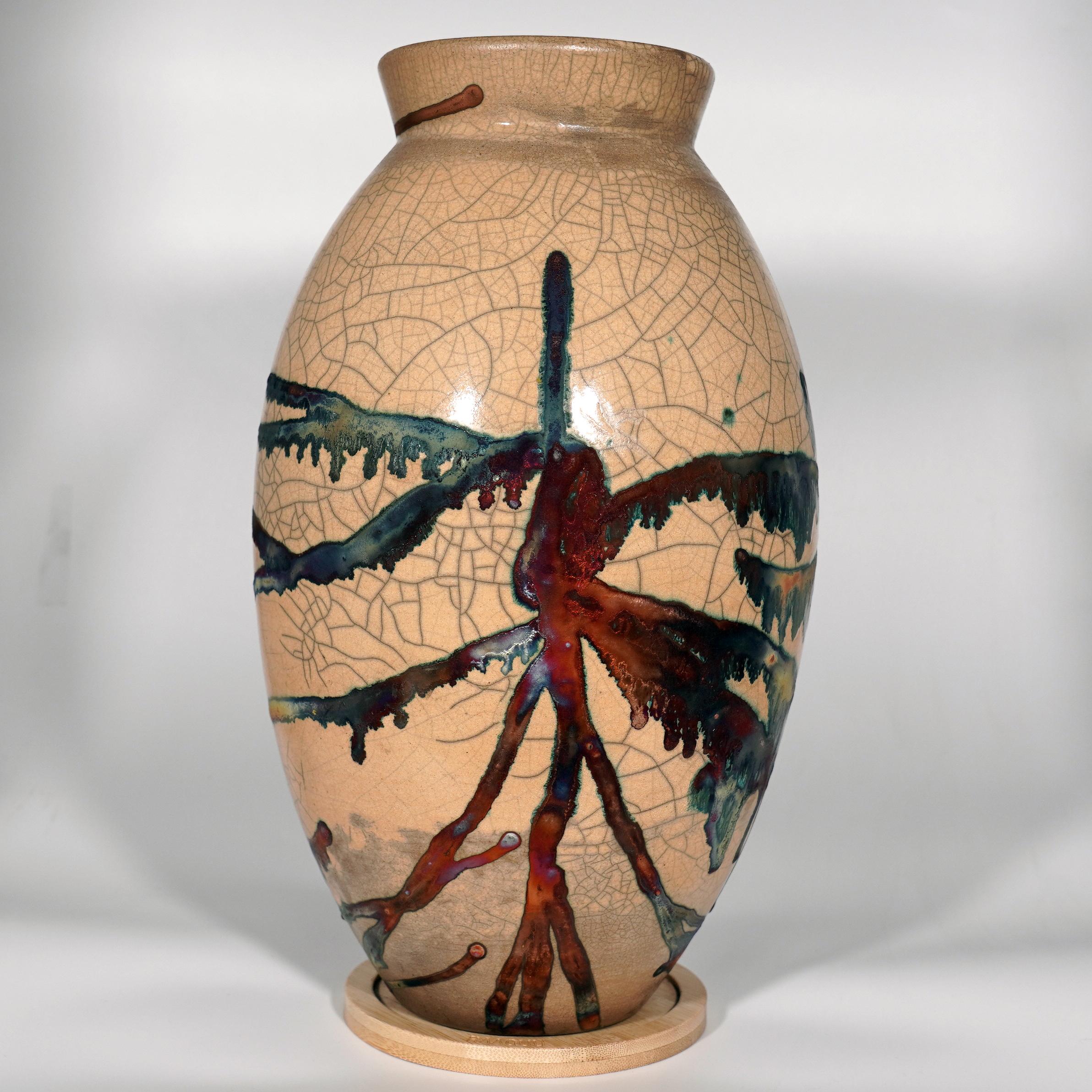 Moderno Vaso ovale grande cotto Raaquu Raku S/N0000092 Centerpiece Art Series, Malesia in vendita