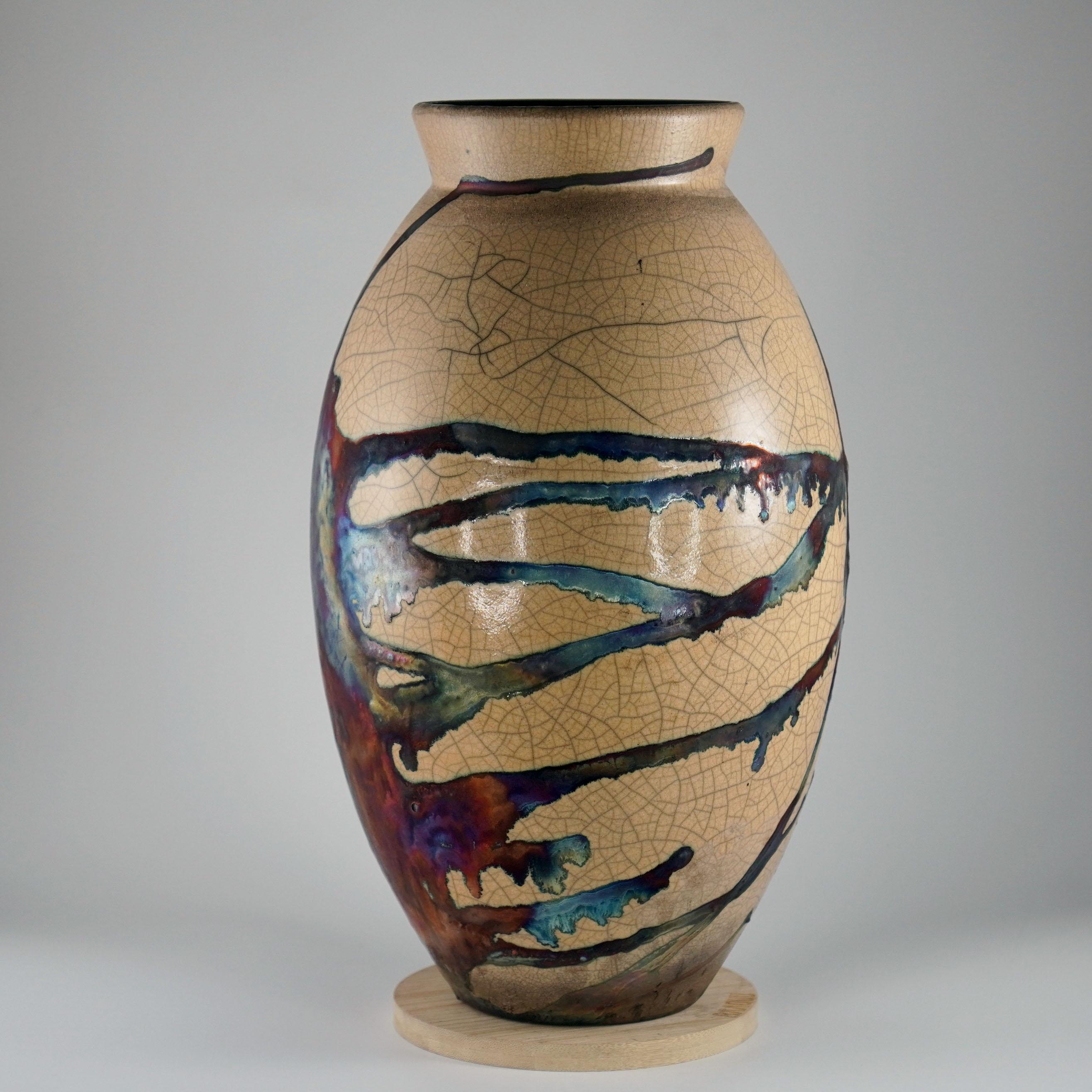 Raaquu Raku Große ovale Vase, geflammt, S/N0000092 Tafelaufsatz, Kunstserie (Gebrannt)