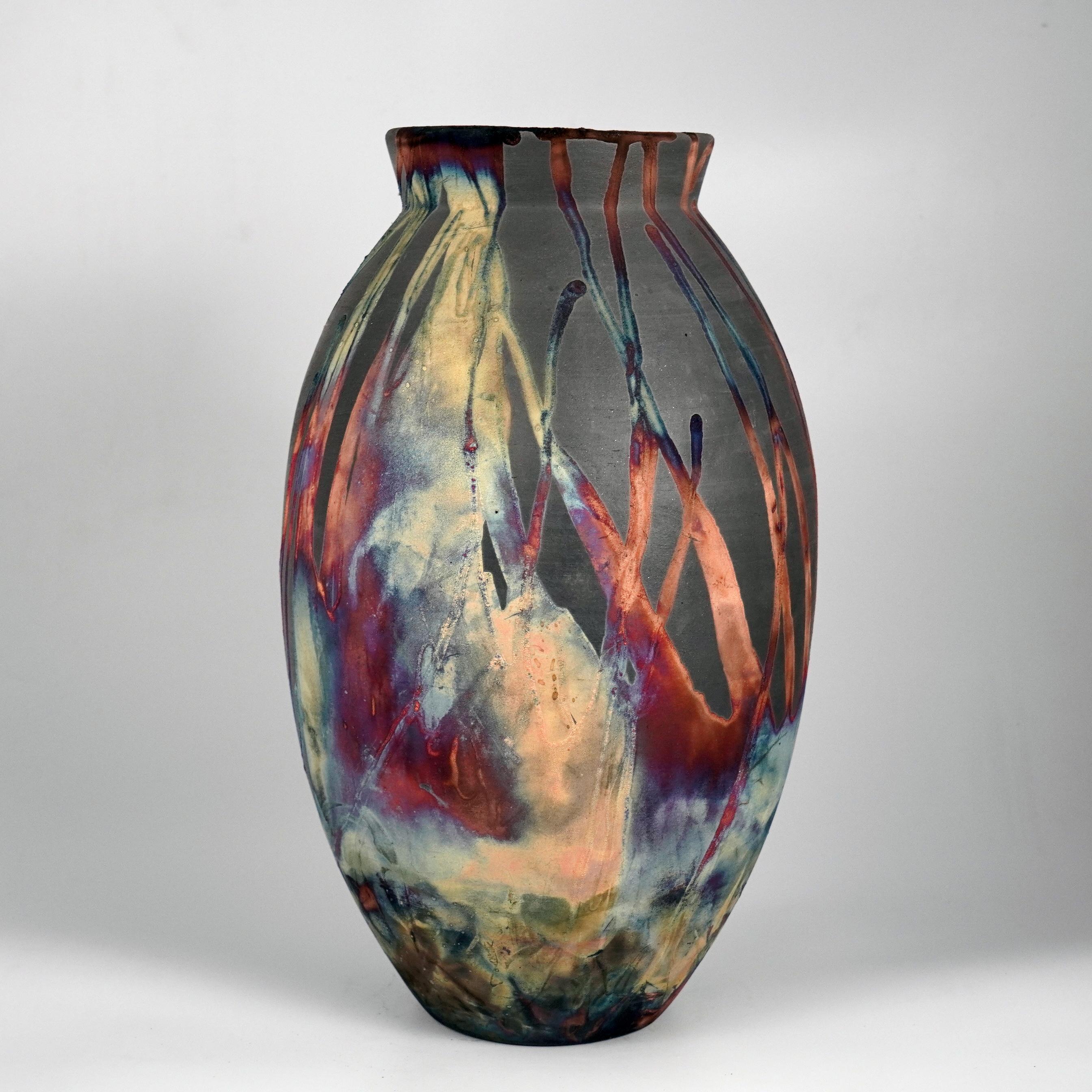 Moderno Vaso ovale grande cotto Raaquu Raku S/N0000197 Centerpiece Art Series, Malesia in vendita