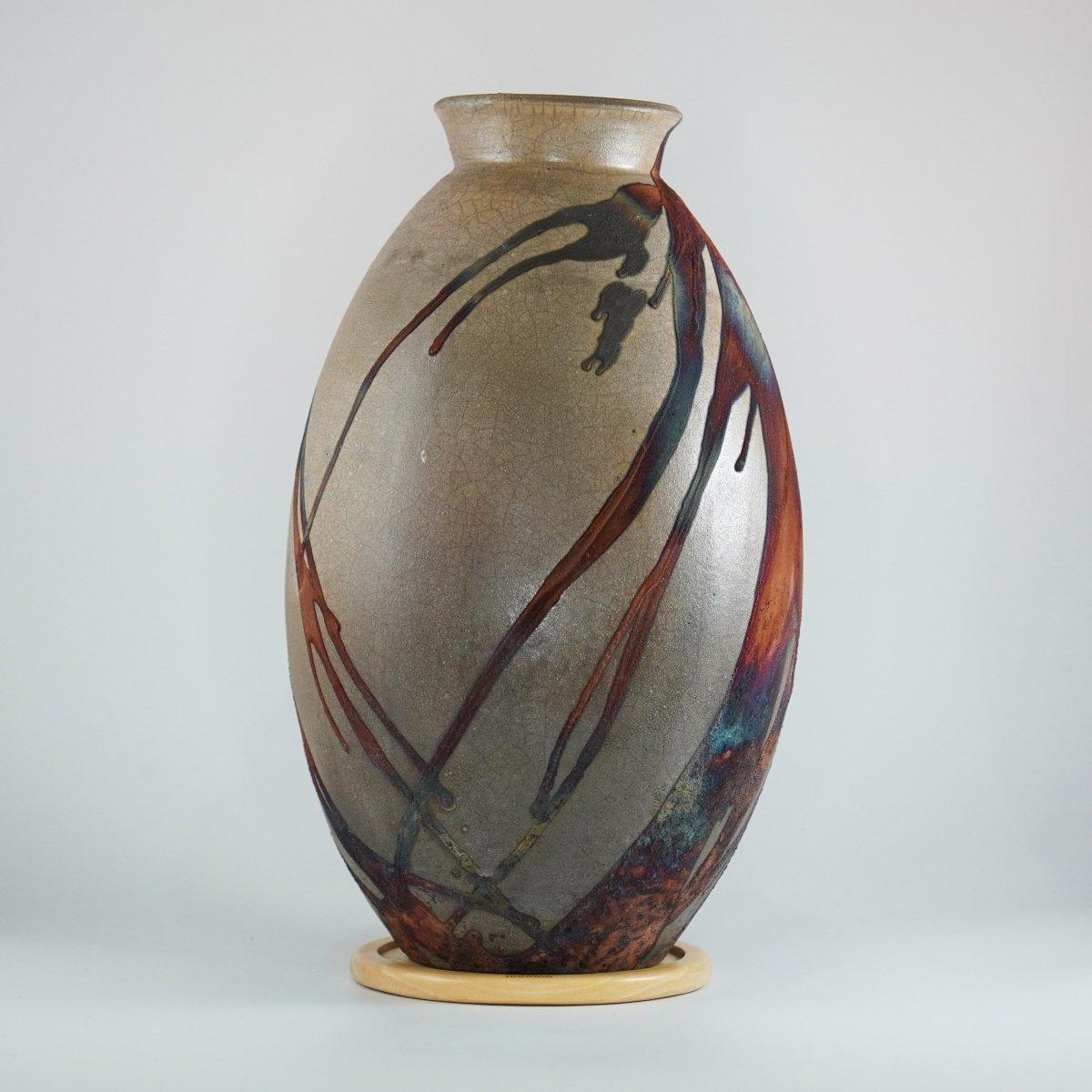 Modern Raaquu Raku Fired Large Oval Vase S/N0000230 Centerpiece Art Series, Malaysia