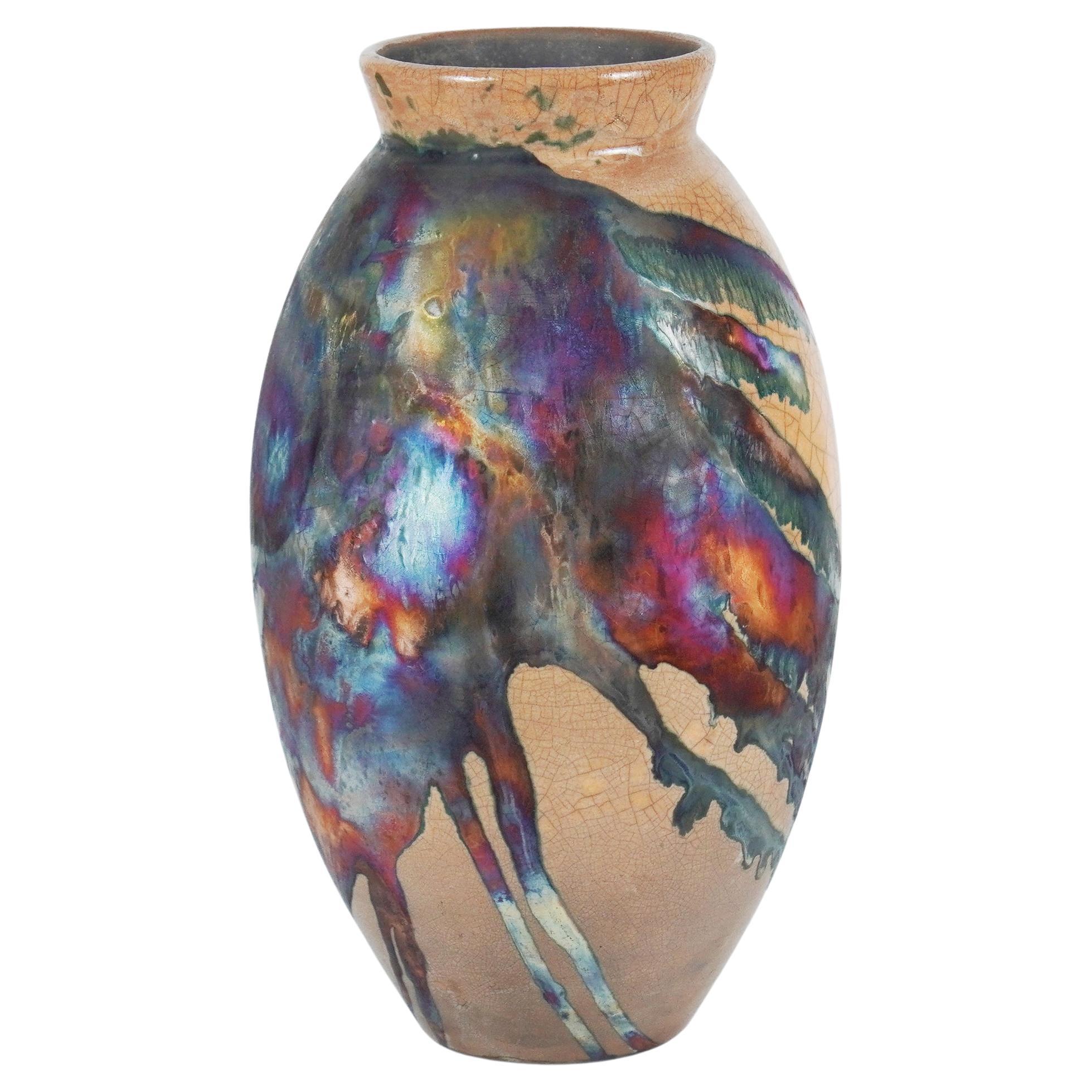 Raaquu Raku Fired Large Oval Vase S/N0000369 Centerpiece Art Series, Malaysia For Sale