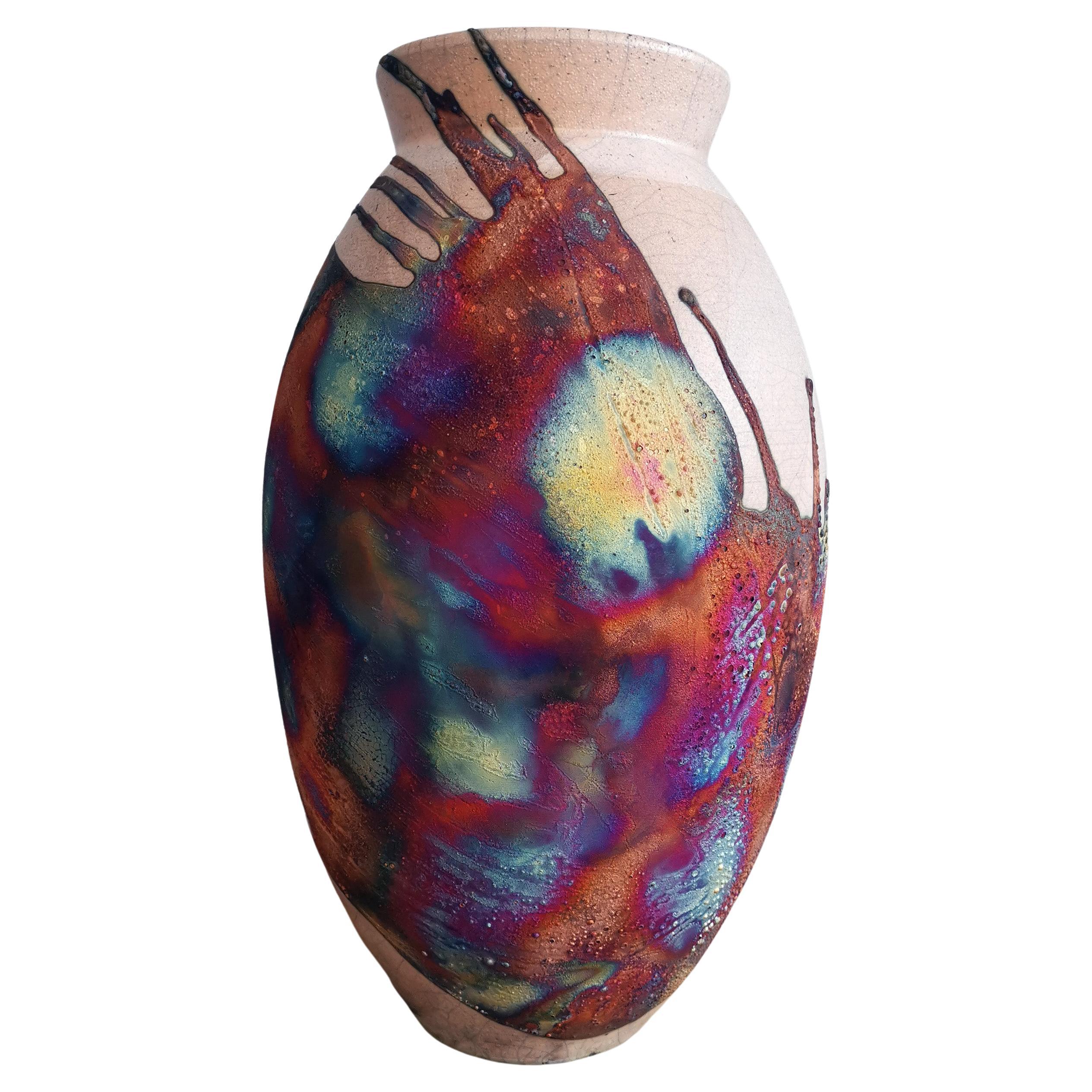 Raaquu Raku Fired Large Oval Vase S/N0000375 Centerpiece Art Series, Malaysia