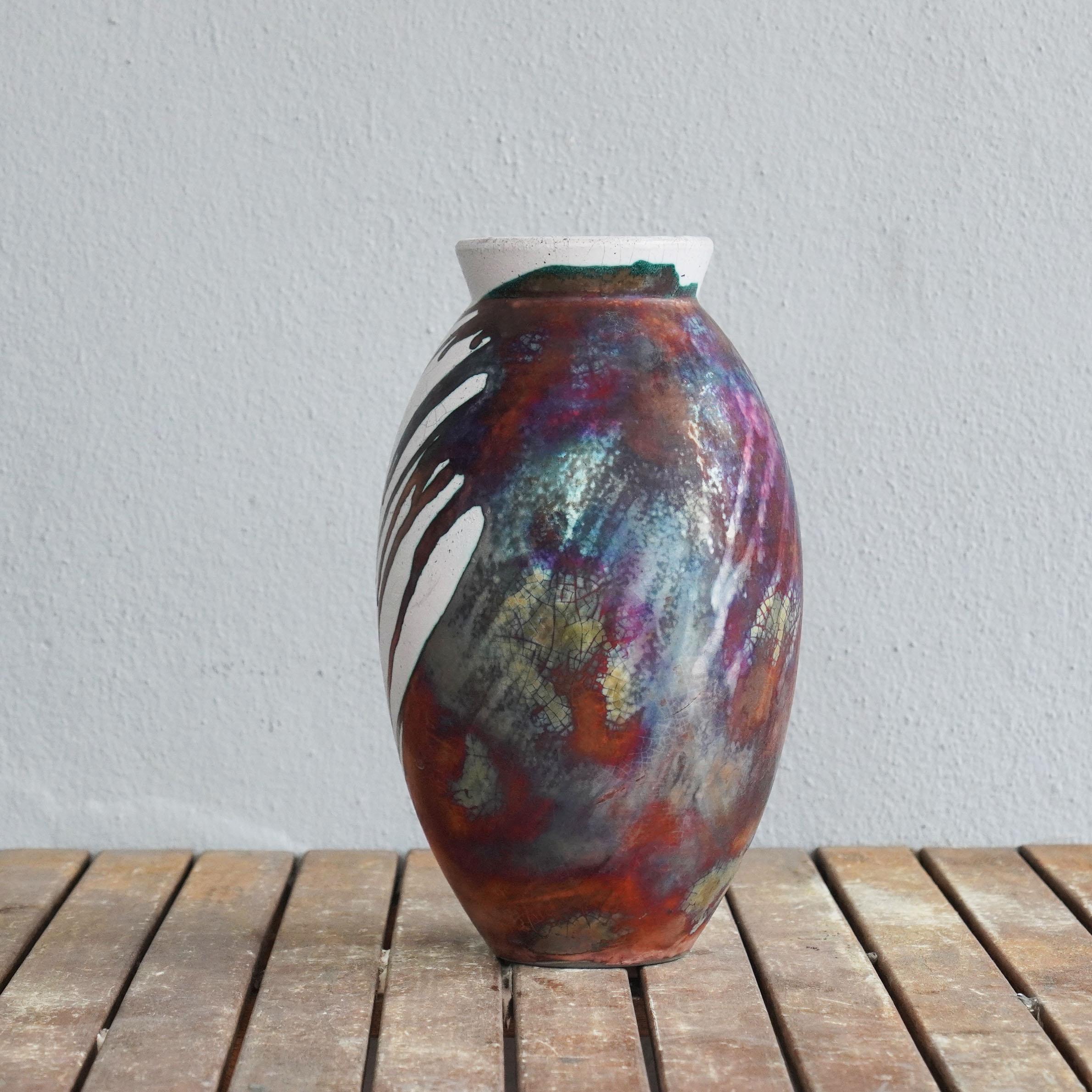 Contemporary Raaquu Raku Fired Large Oval Vase S/N0000433 Centerpiece Art Series, Malaysia