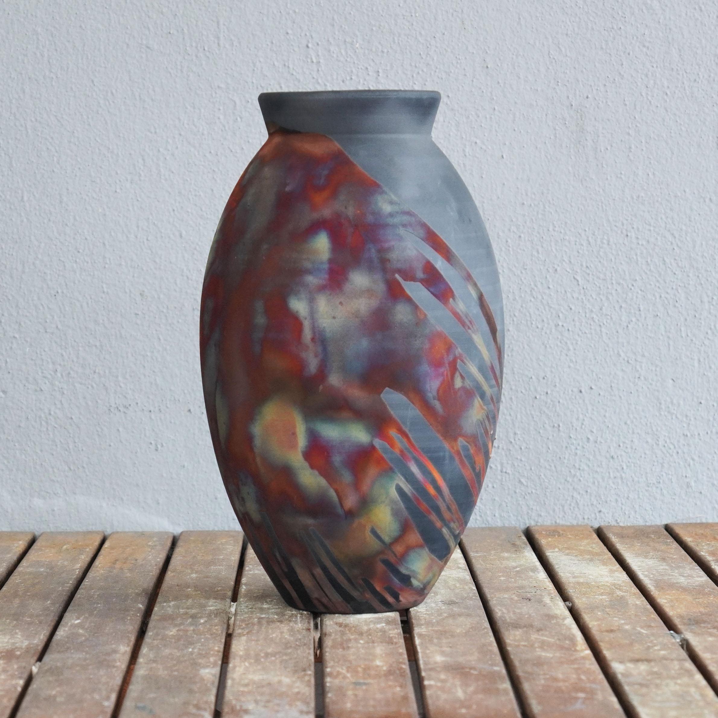 Ceramic Raaquu Raku Fired Large Oval Vase S/N0000447 Centerpiece Art Series, Malaysia