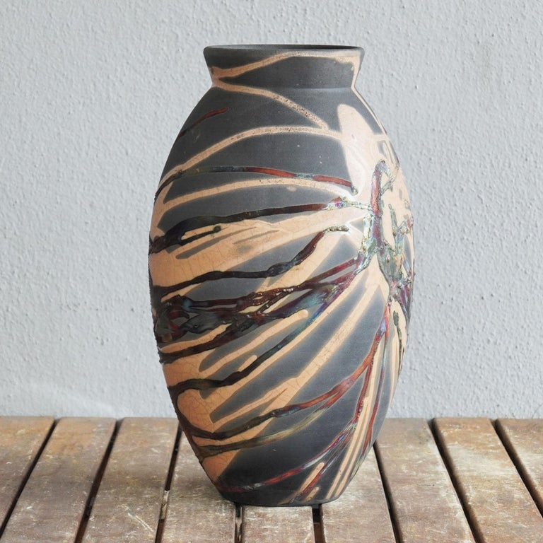 Raaquu Raku Fired Large Oval Vase S/N0000482 Centrepiece Art Series