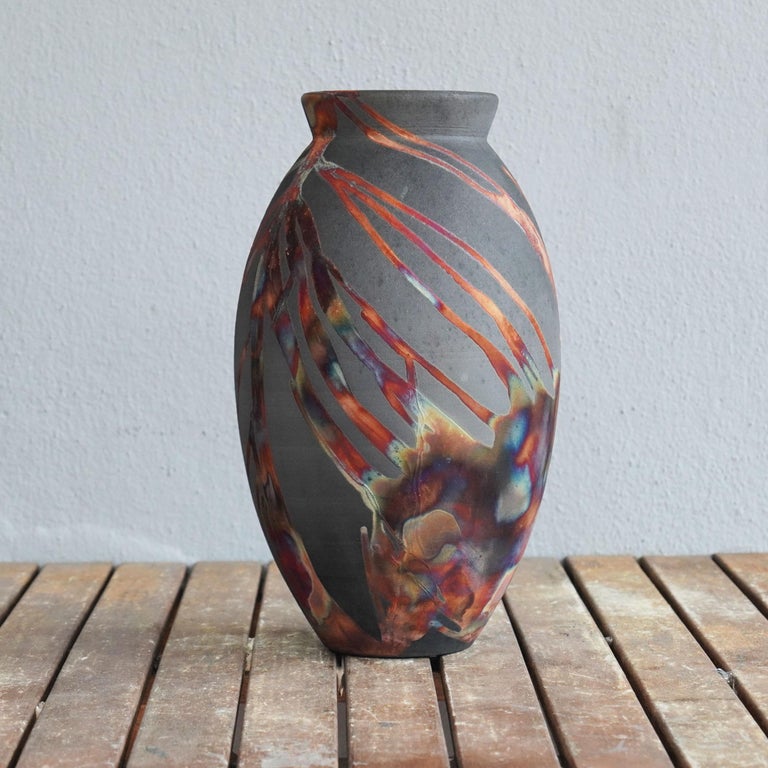 Raaquu Raku Fired Large Oval Vase S/N0000486 Centerpiece Art Series