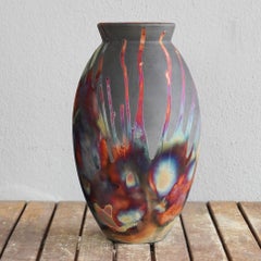 Raaquu Raku Fired Large Oval Vase S/N0000526 Centerpiece Art Series, Malaysia