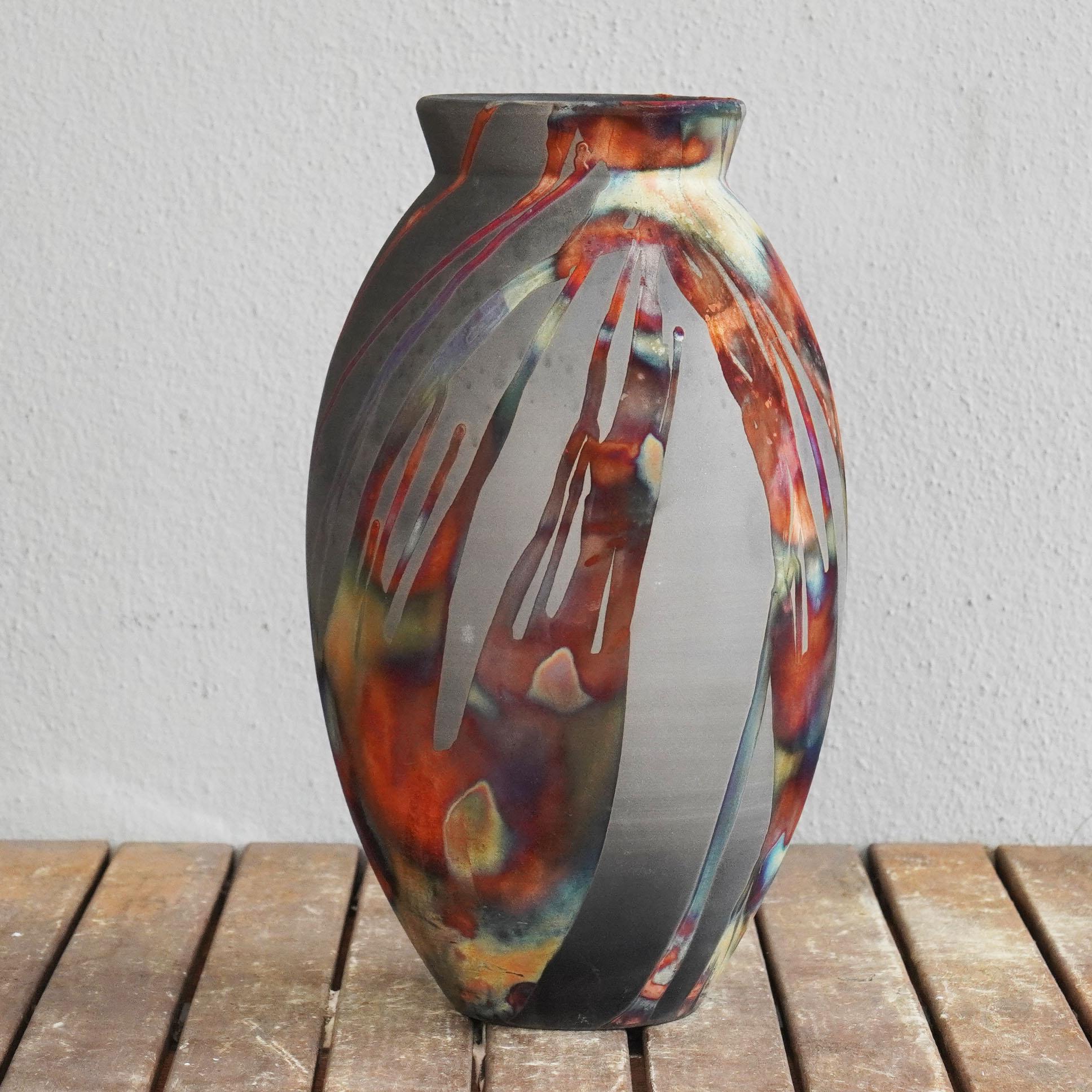 Malaysian Raaquu Raku Fired Large Oval Vase S/N0000526 Centerpiece Art Series, Malaysia