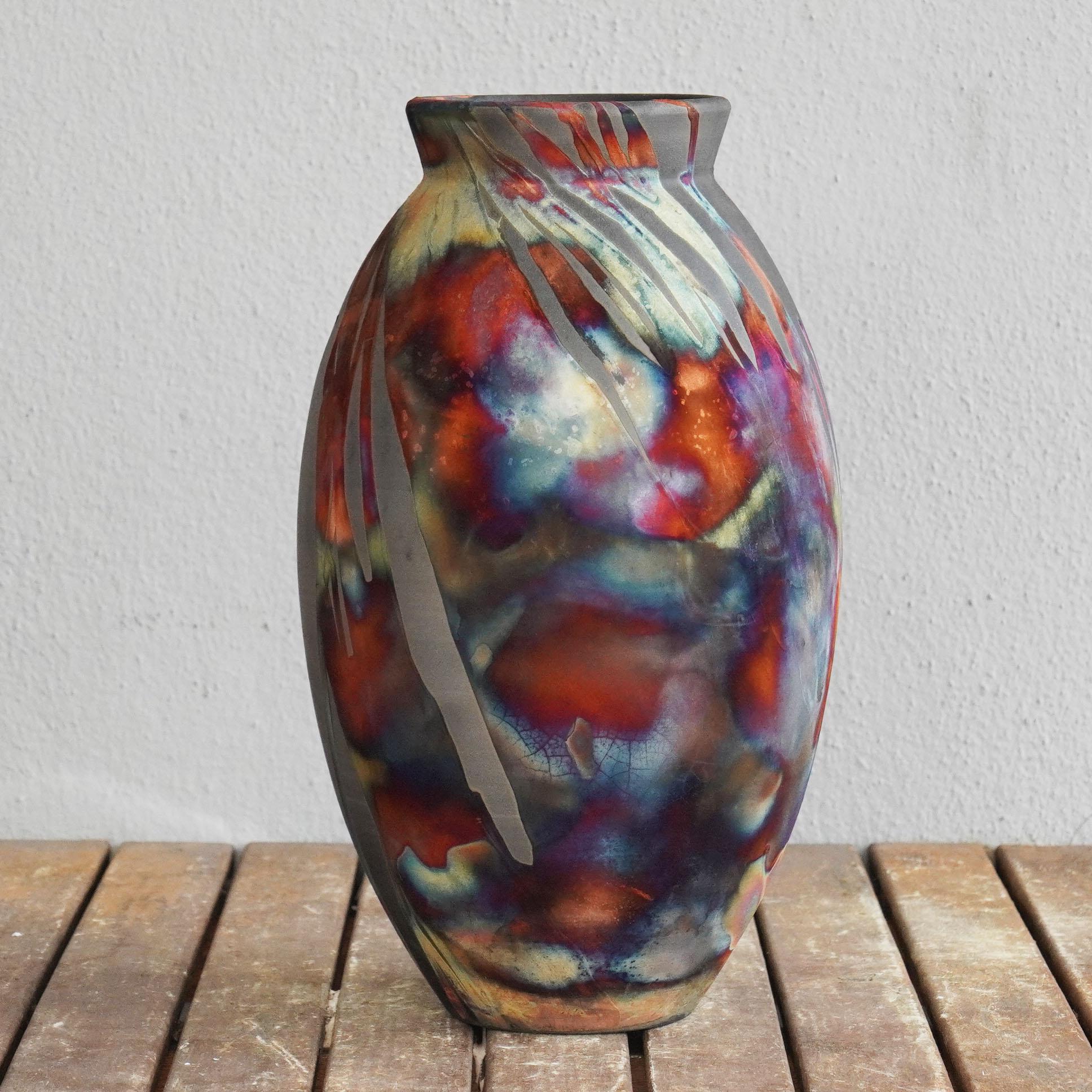 Raaquu Raku Fired Large Oval Vase S/N0000526 Centerpiece Art Series, Malaysia In New Condition In Petaling Jaya, MY