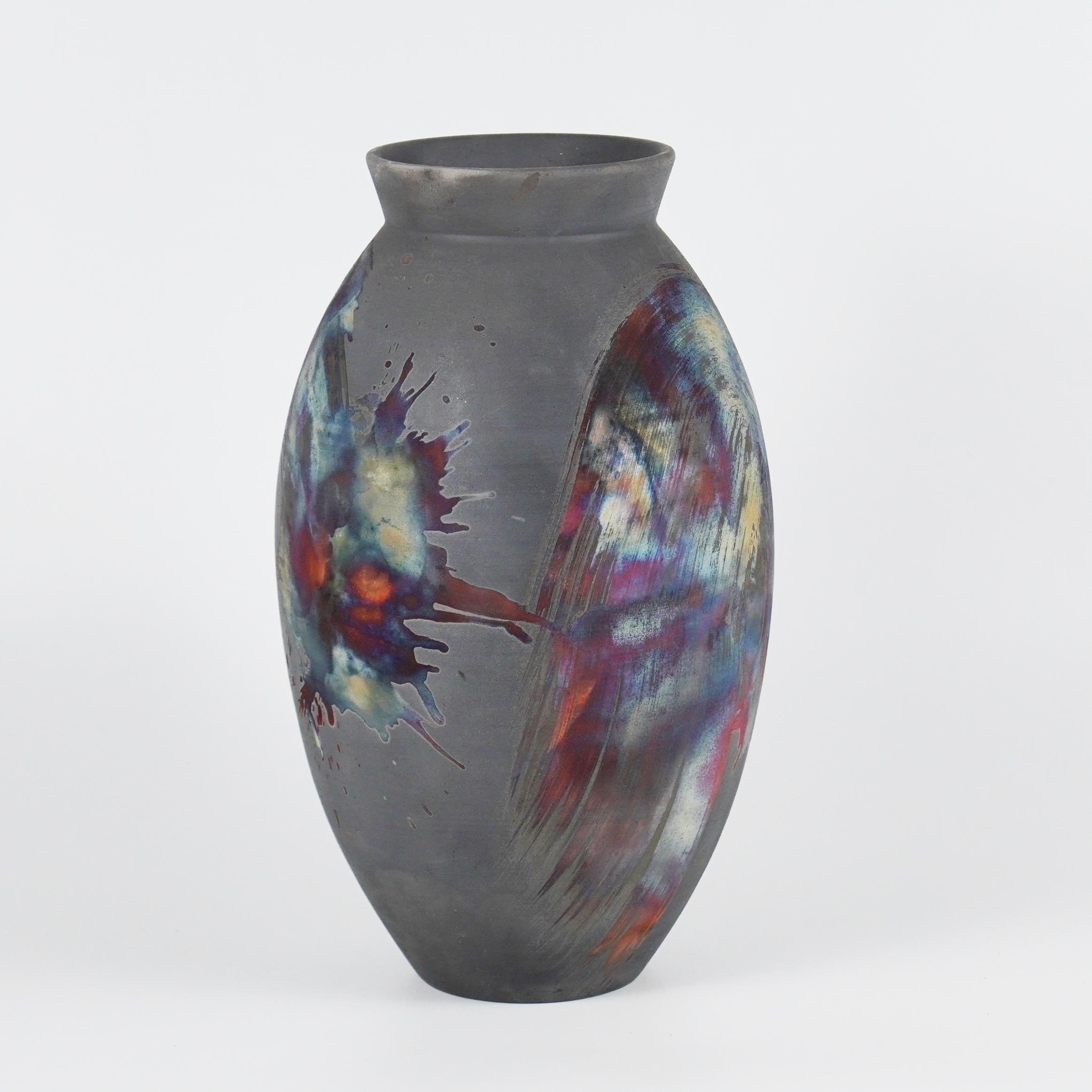 Modern Raaquu Raku Fired Large Oval Vase S/N0000531 Centerpiece Art Series, Malaysia For Sale