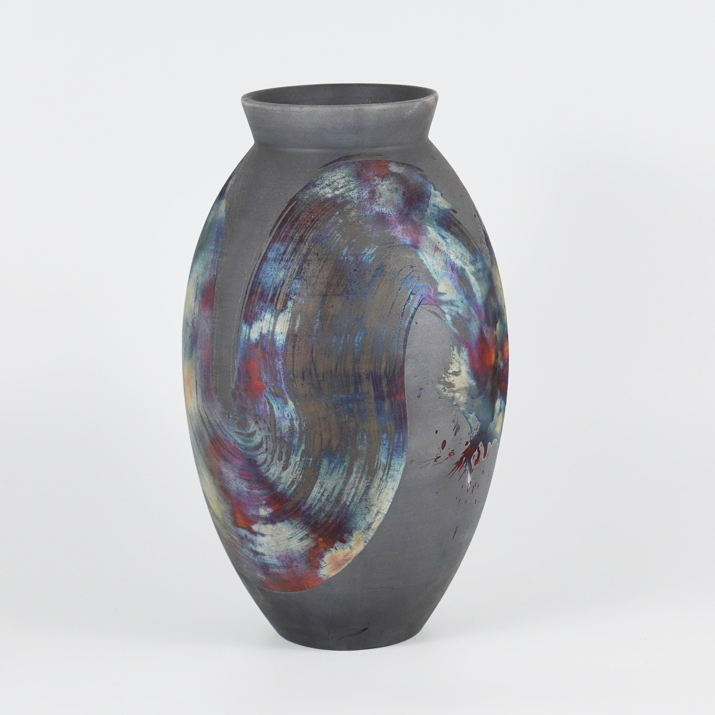 Malaysian Raaquu Raku Fired Large Oval Vase S/N0000531 Centerpiece Art Series, Malaysia For Sale