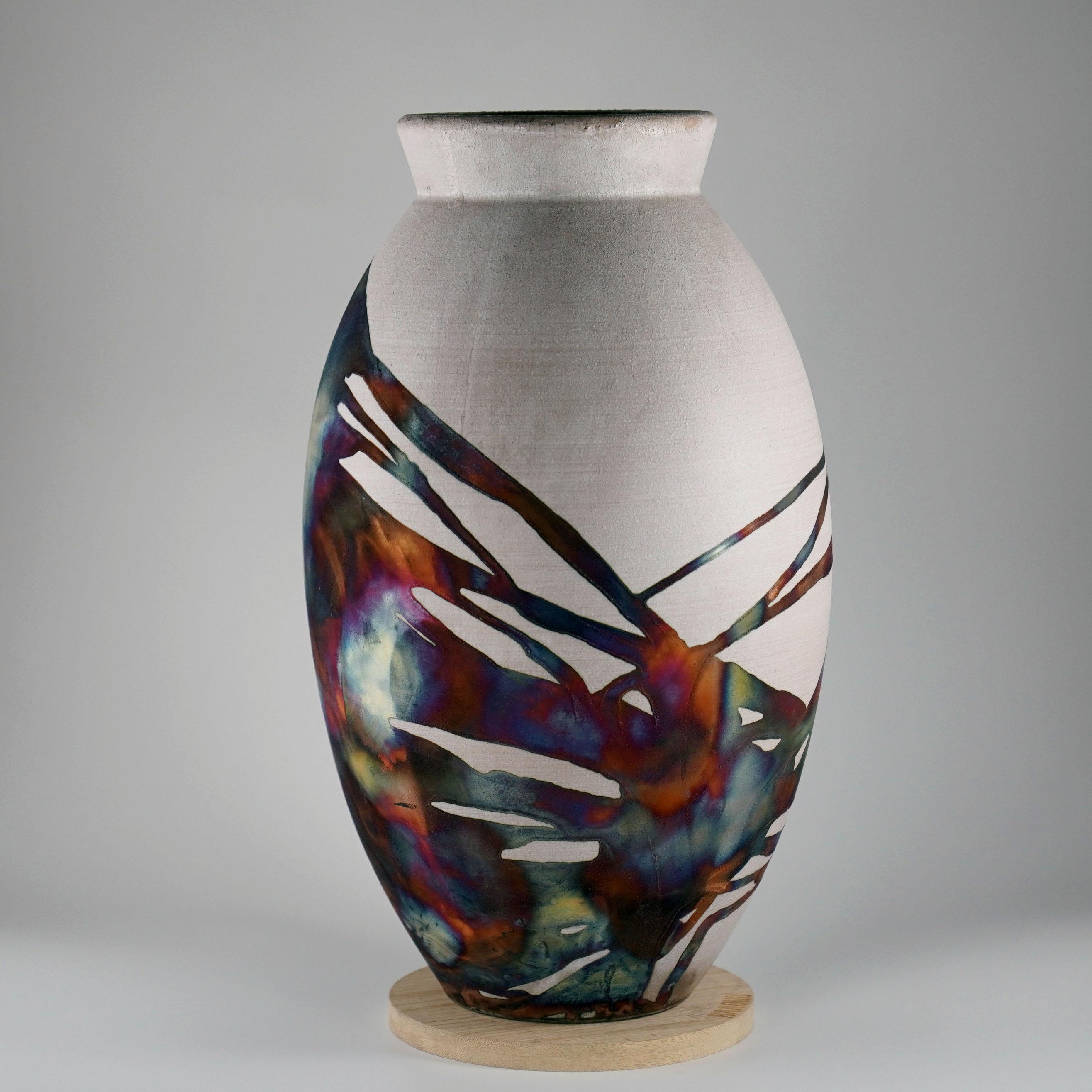 Modern Raaquu Raku Fired Large Oval Vase S/N0000538 Centerpiece Art Series, Malaysia