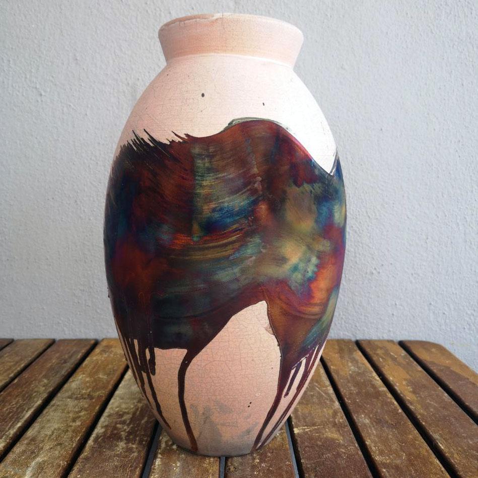 Modern Raaquu Raku Fired Large Oval Vase S/N0000556 Centerpiece Art Series, Malaysia For Sale