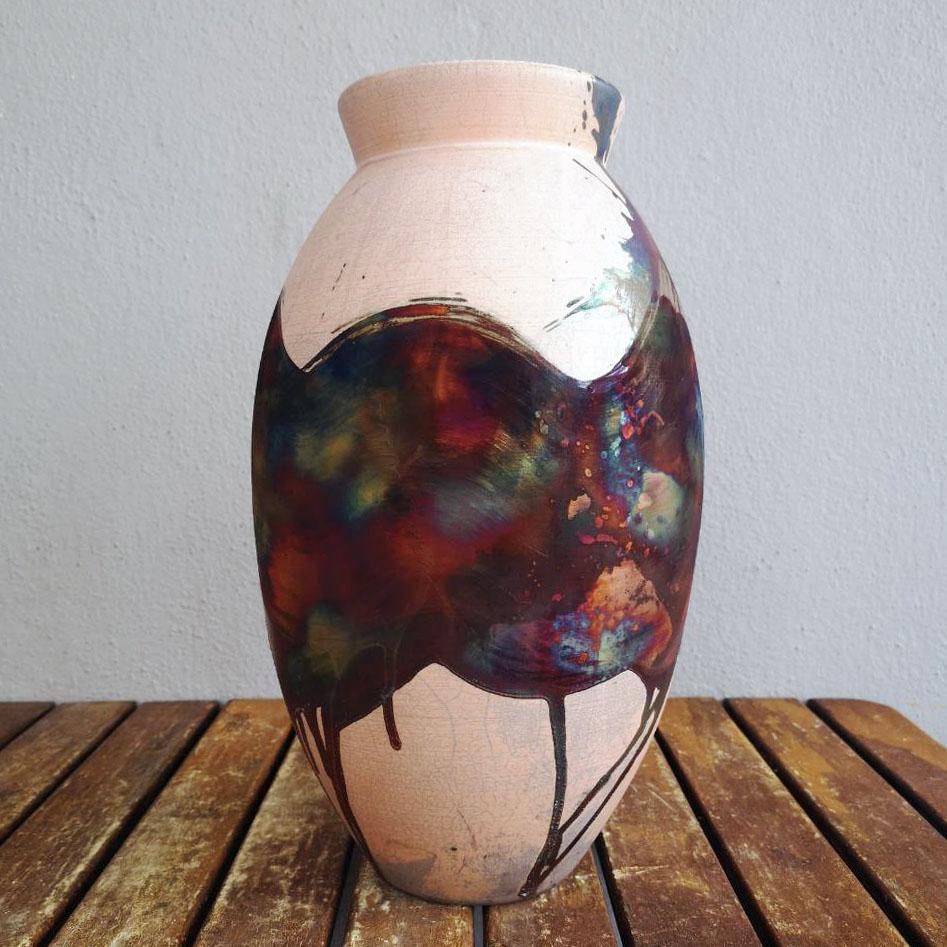 Malese Vaso ovale grande cotto Raaquu Raku S/N0000556 Centerpiece Art Series, Malesia in vendita