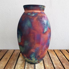 Raaquu Raku Fired Large Oval Vase S/N0000605 Centerpiece Art Series, Malaysia