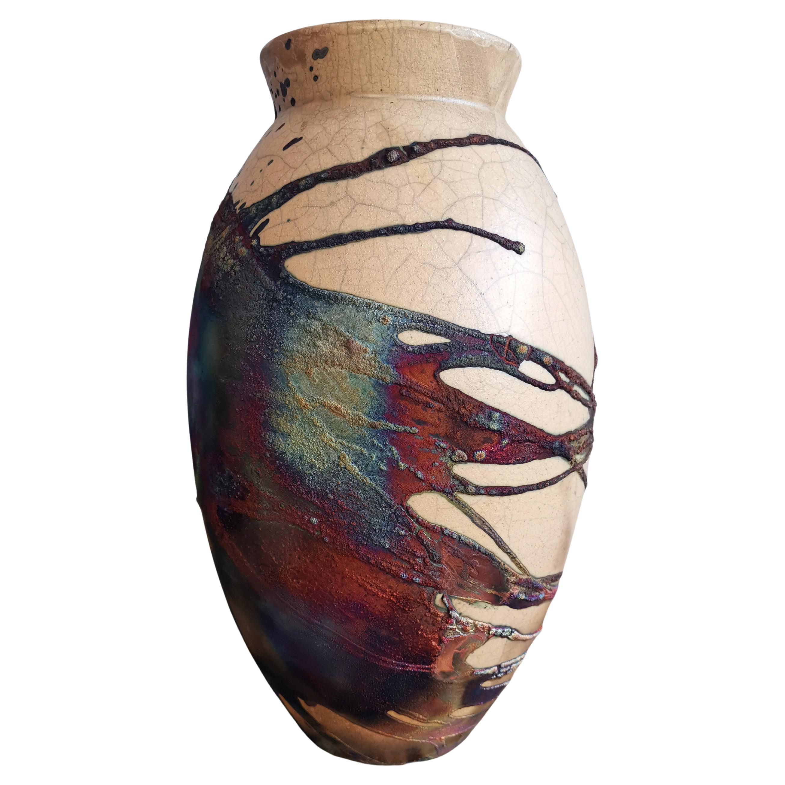 Raaquu Raku Große ovale Vase, geflammt, S/N0000606 Tafelaufsatz, Kunstserie